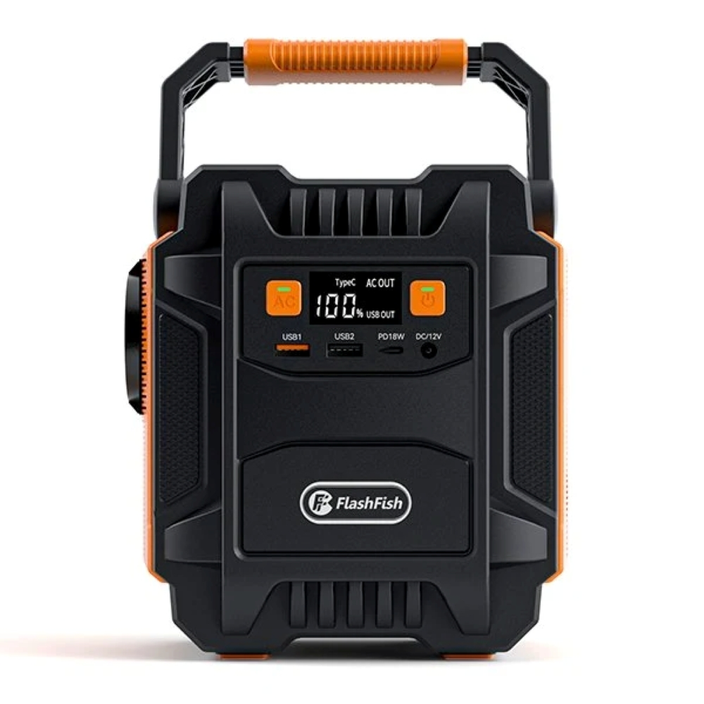 Estación de energía portátil FlashFish negra y naranja con pantalla digital, puertos USB y asa naranja.