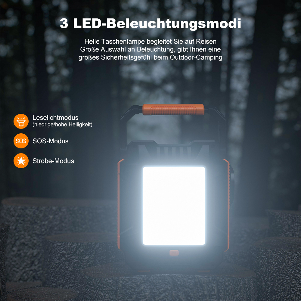 Una linterna de camping portátil con luz LED brillante sobre troncos en un bosque, con texto e iconos.
