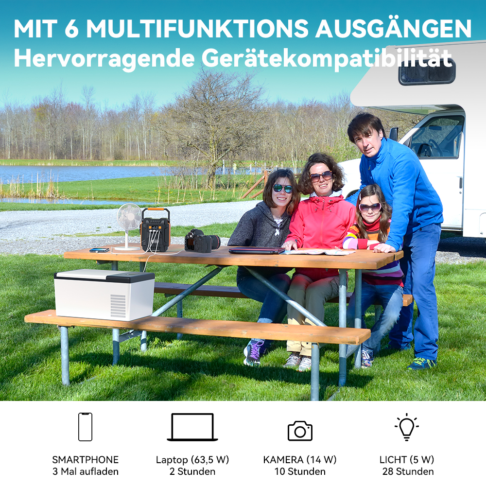 Familia acampando junto a un lago con una estación de energía portátil, refrigerador y aparatos en una mesa.
