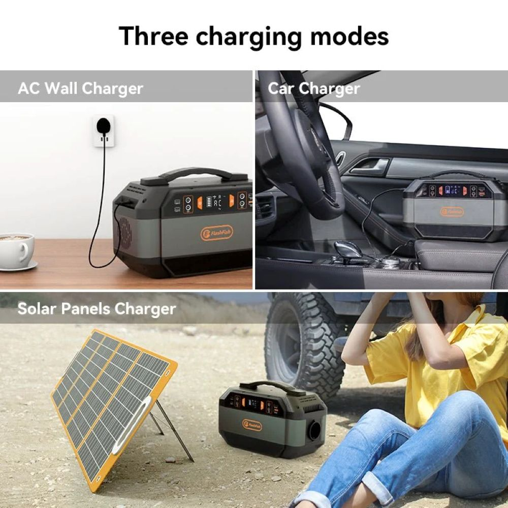 Tres modos de carga: enchufe de pared, cargador de coche y panel solar.