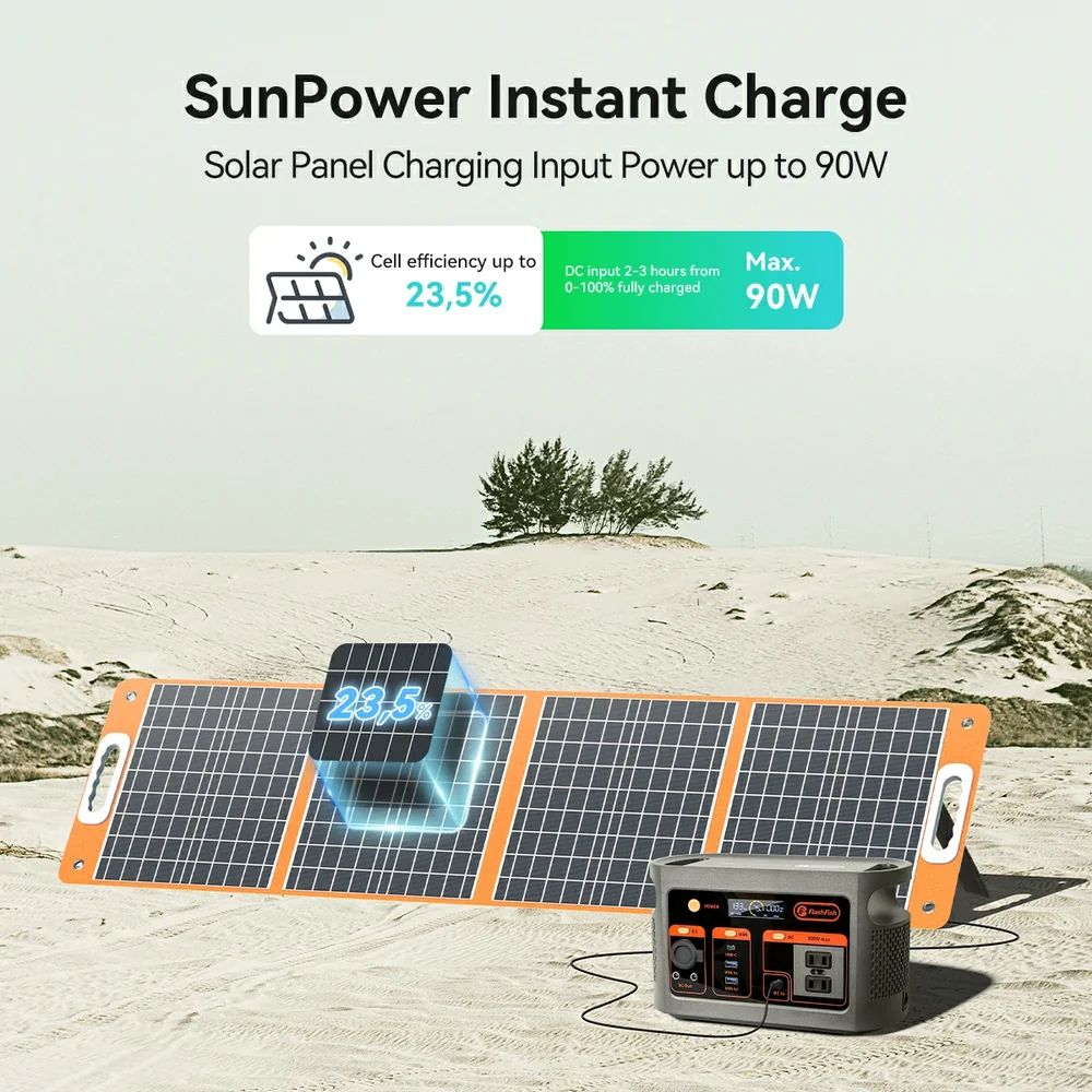 Un panel solar portátil de 90W carga una estación de energía gris en una playa de arena.