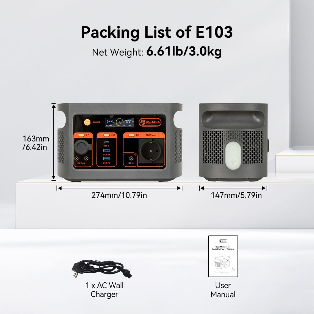 Lista de empaque de la estación de energía portátil E103 con dimensiones, cargador de CA y manual.