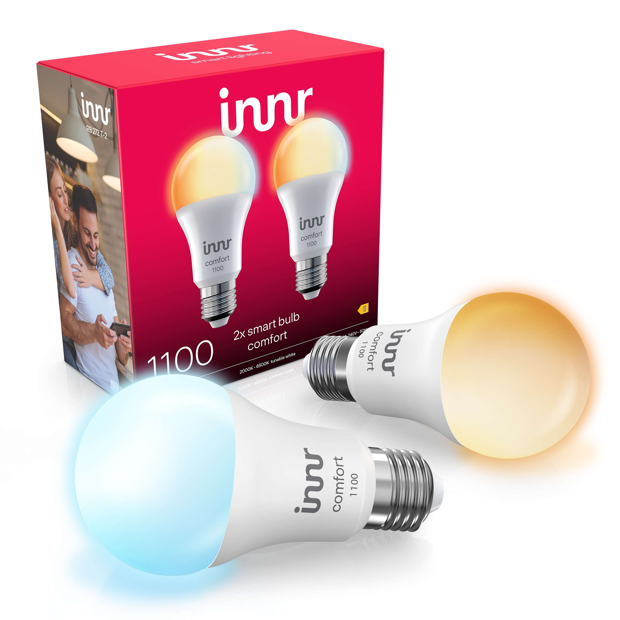 Zwei Innr Smart-Glühbirnen und die rote Verpackung vor weißem Hintergrund.
