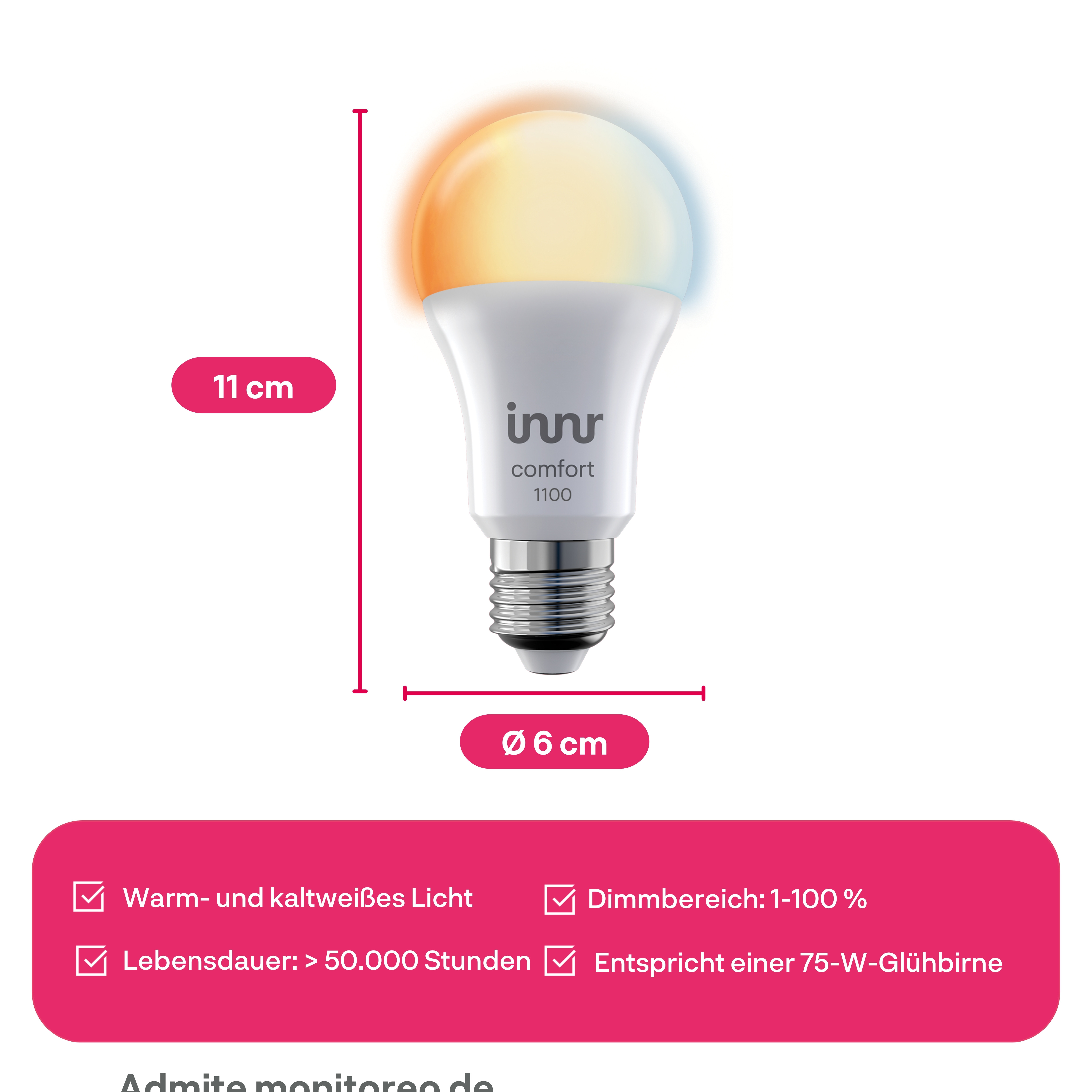Innrs Smart-LED-Lampe (11x6 cm) mit warmem/kaltem Licht, 1-100% Dimmbereich, <gt/>50.000 Std. Lebensdauer, entspricht 75W.