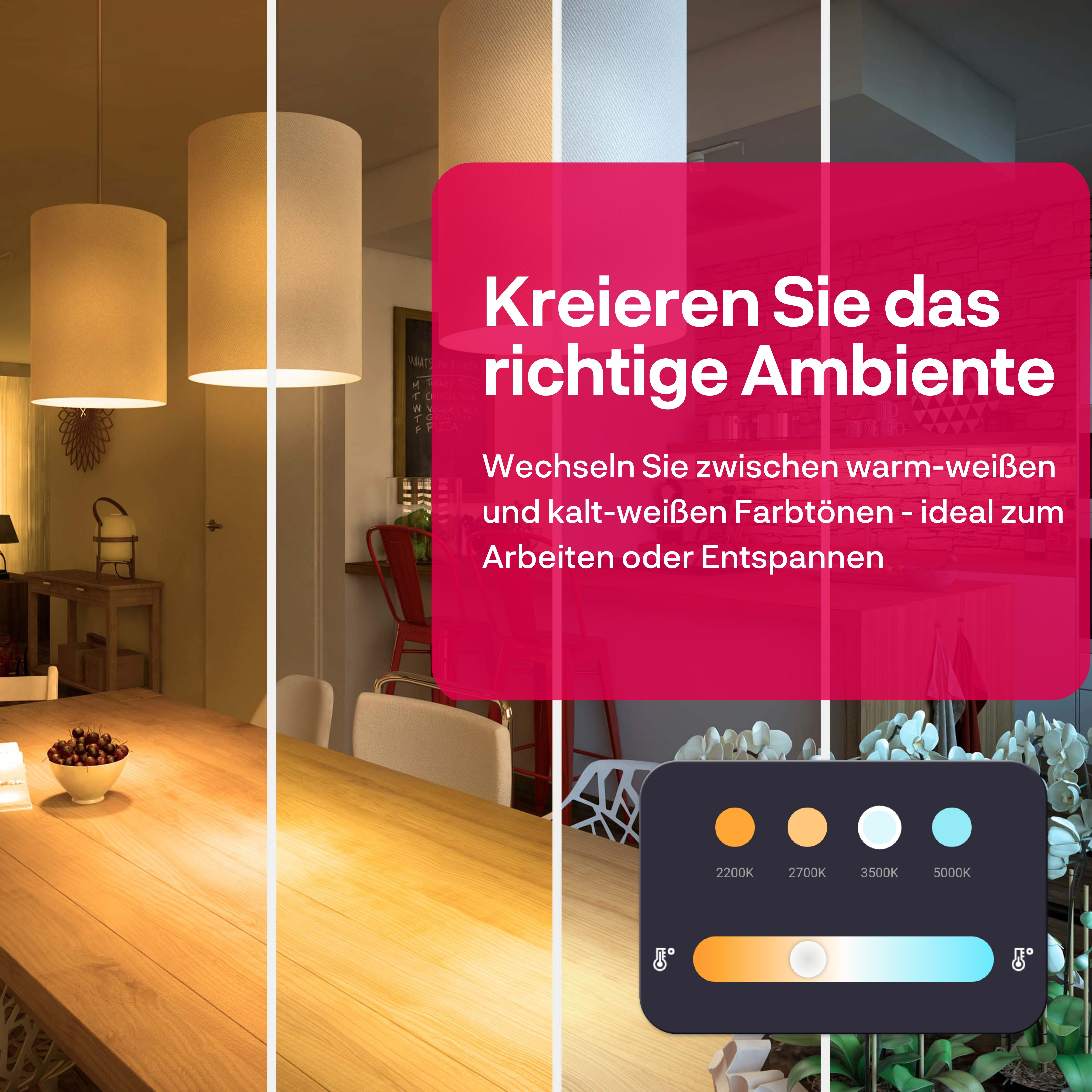 Ein Raum mit verschiedenen Lichttemperaturen von warm- bis kaltweiß, mit Text und Bedienfeld.