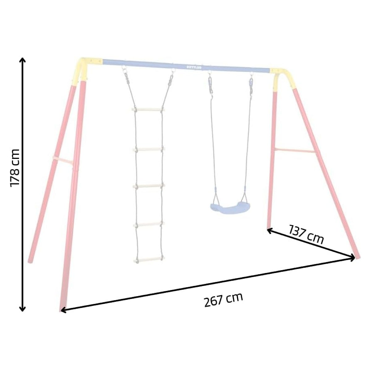 Ein buntes Schaukelgestell mit Kletterleiter und Maßen: 178 cm Höhe, 267 cm Breite und 137 cm Tiefe.