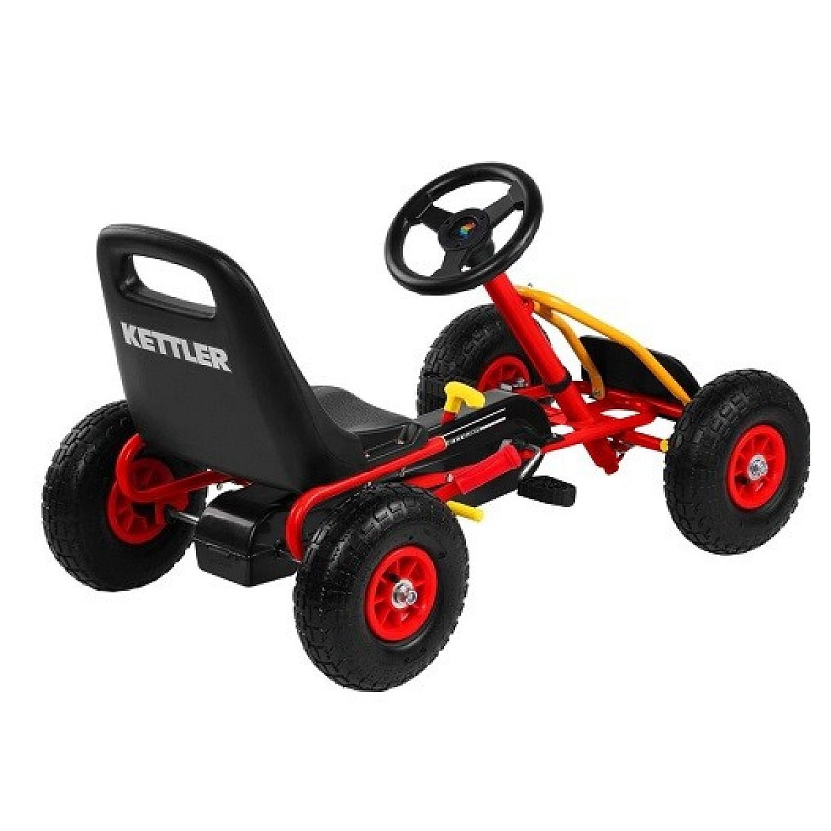 Ein rotes Kettler Go-Kart für Kinder mit vier schwarzen Rädern, roten Felgen, schwarzem Sitz und Lenkrad.