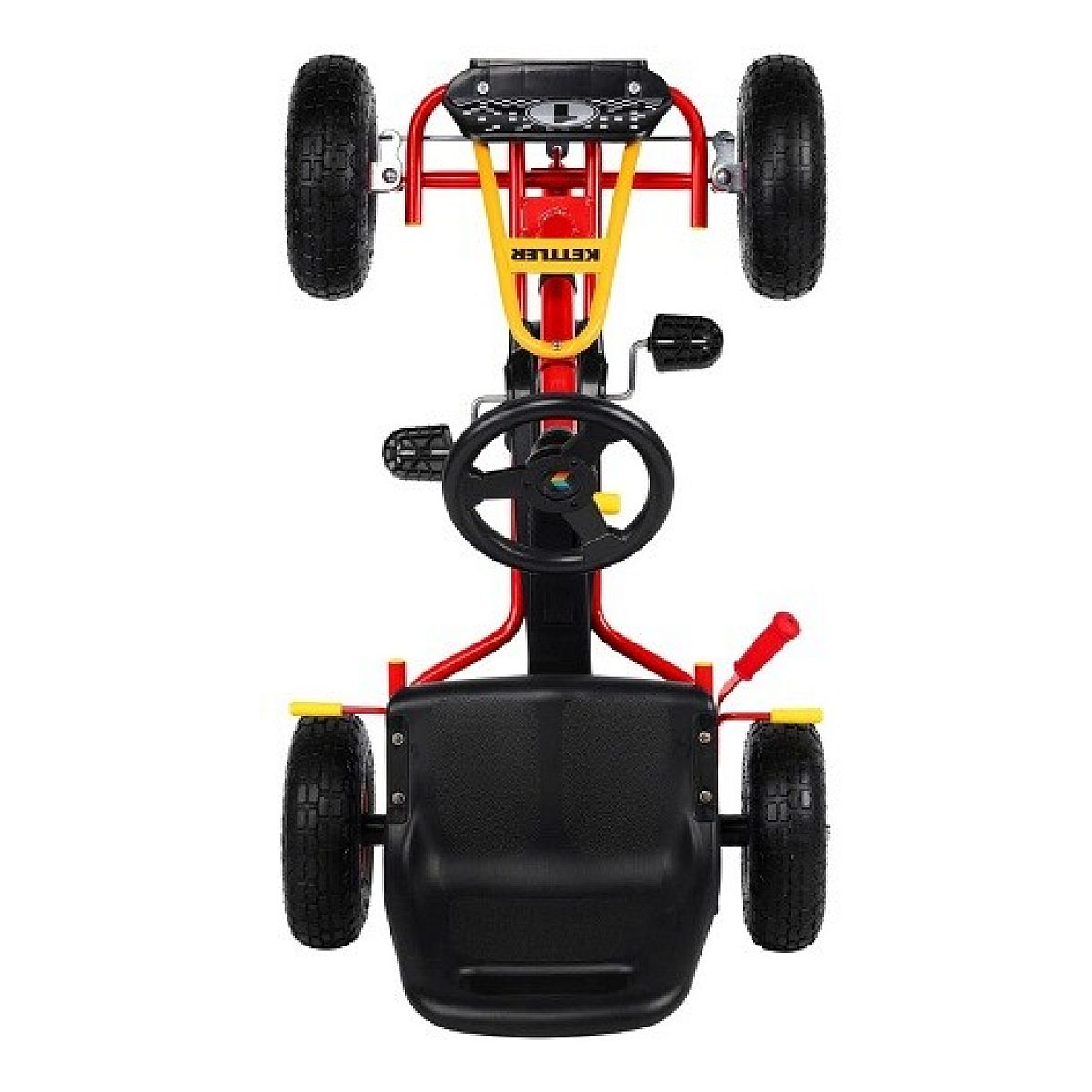 Ein rotes Go-Kart von oben mit schwarzem Sitz, Lenkrad, Pedalen und vier großen Rädern auf weißem Hintergrund.