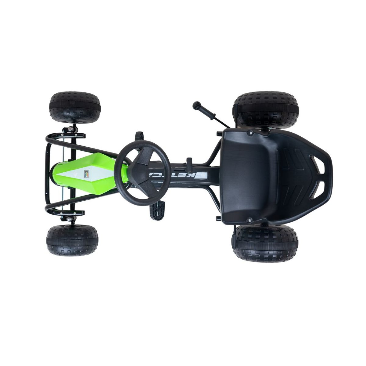 Draufsicht auf ein grünes und schwarzes Go-Kart mit vier grobstolligen Reifen, Lenkrad und schwarzem Sitz.