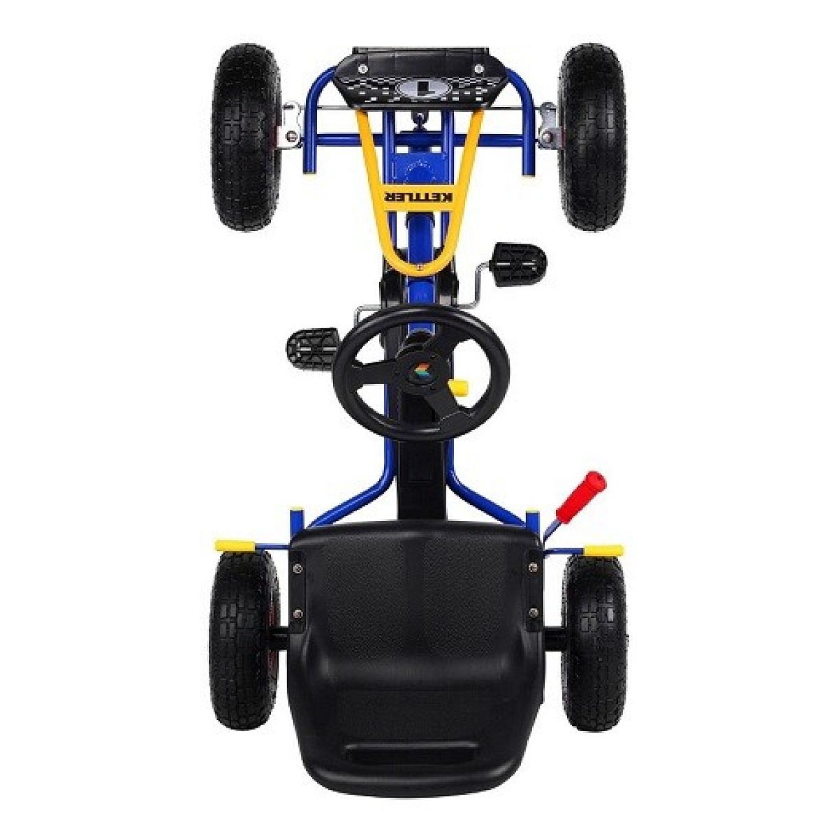 Top-down-Ansicht eines blauen und gelben Tretautos mit schwarzem Sitz und vier Rädern auf weißem Hintergrund.