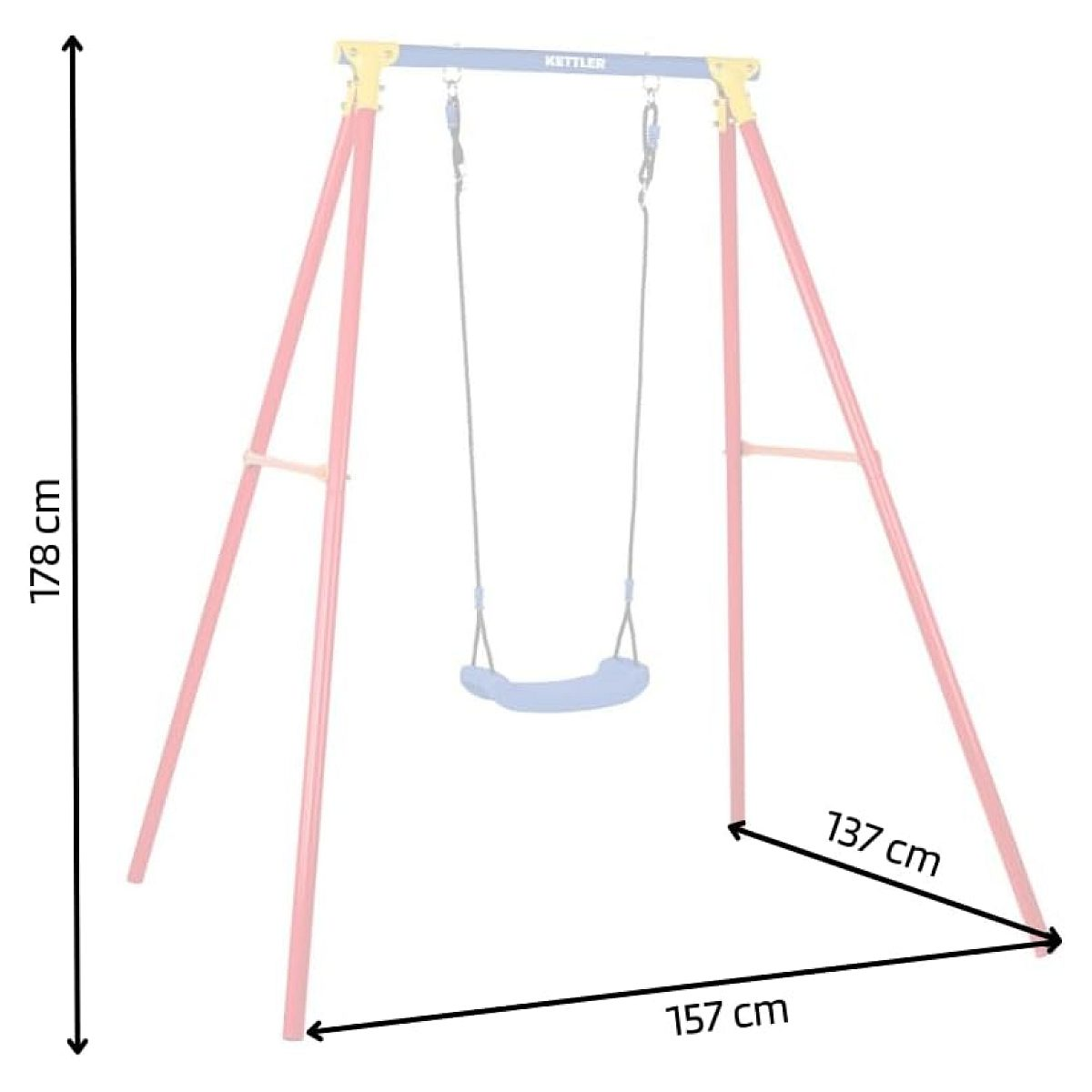 Rot-blaues Kinderschaukelgestell mit Bemaßung: 178 cm Höhe, 157 cm Breite, 137 cm Tiefe.