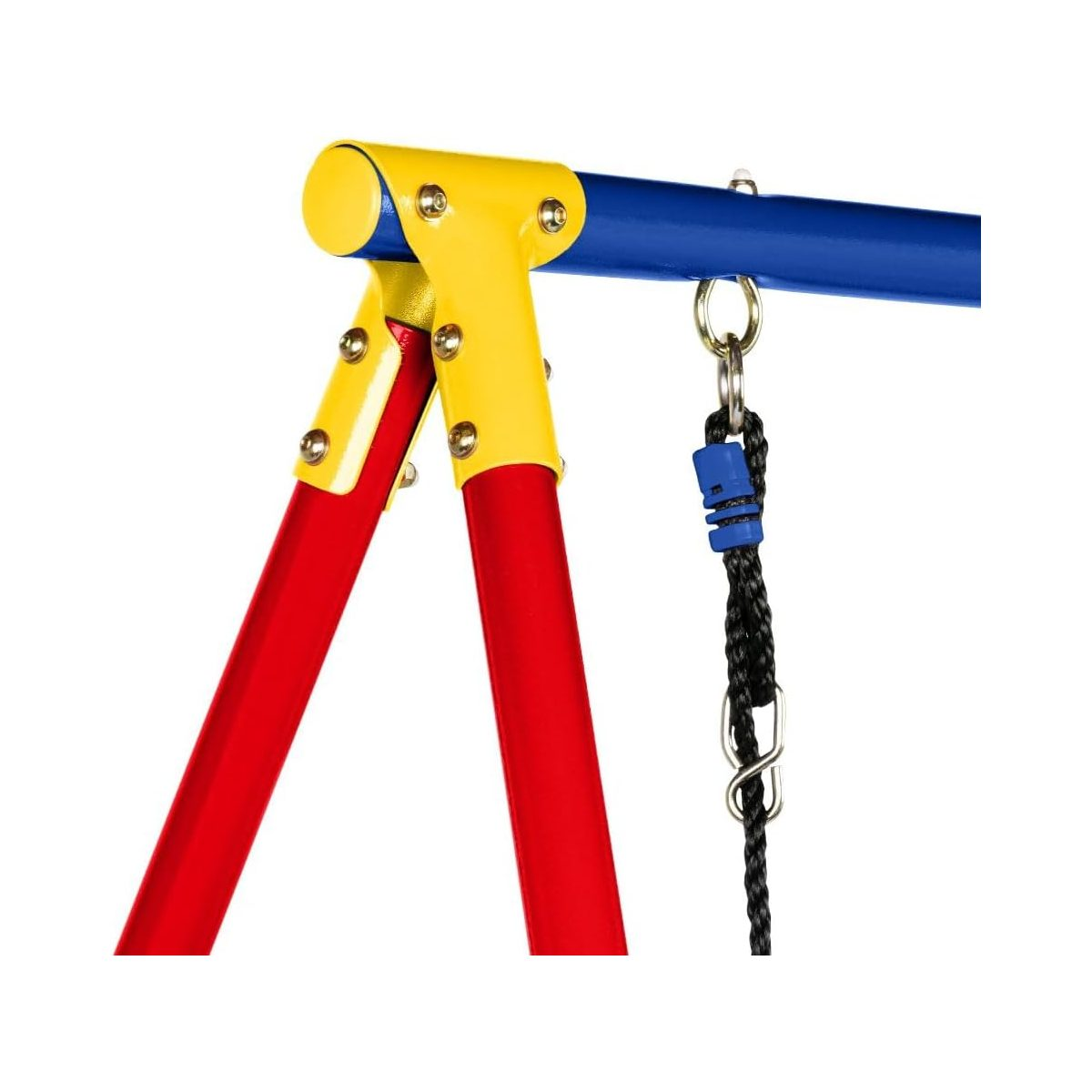 Nahaufnahme eines Schaukelgestells mit roten Beinen, gelben Verbindungen, blauer Stange und Seil.