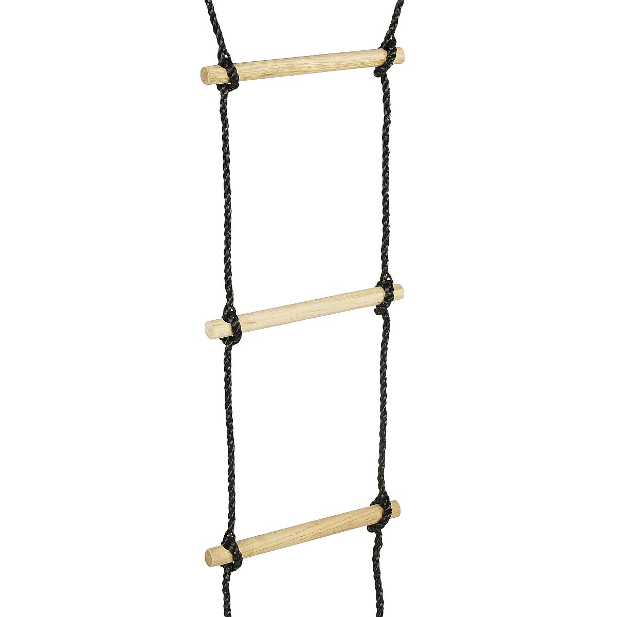 Eine Strickleiter mit Holzsperrstufen und schwarzen Seilen auf weißem Hintergrund.