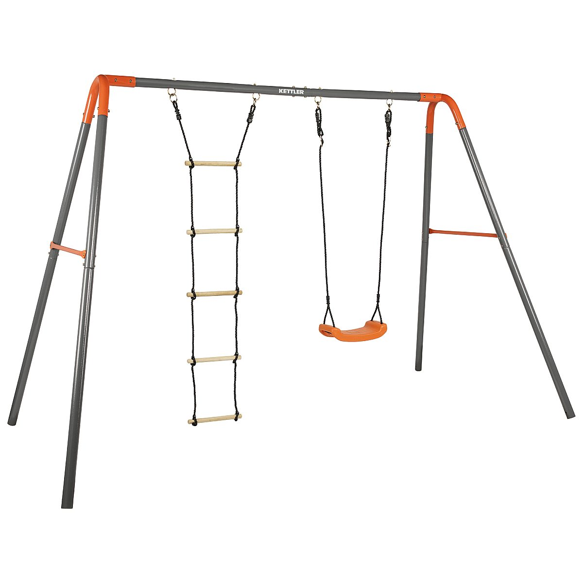 Ein grauer und orangefarbener Metallschaukelständer mit einer Strickleiter und einer Schaukel.