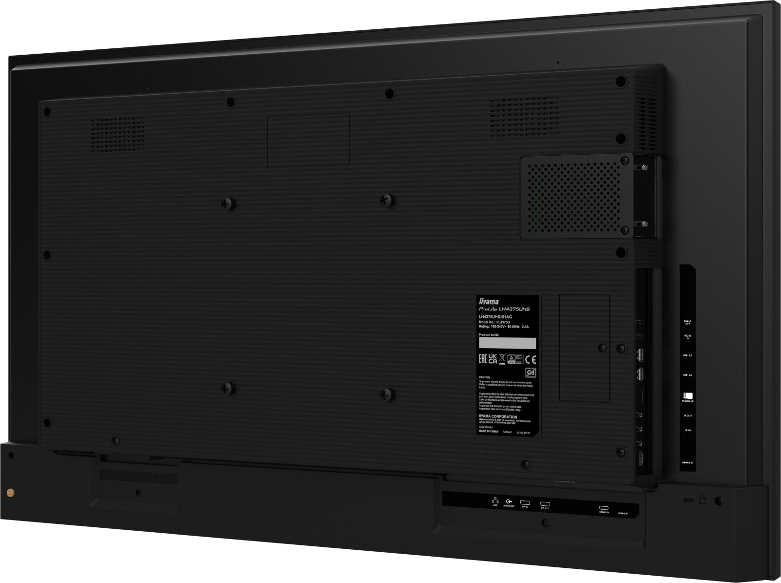 Rückseite eines schwarzen iiyama Monitors mit Anschlüssen und einem Etikett.