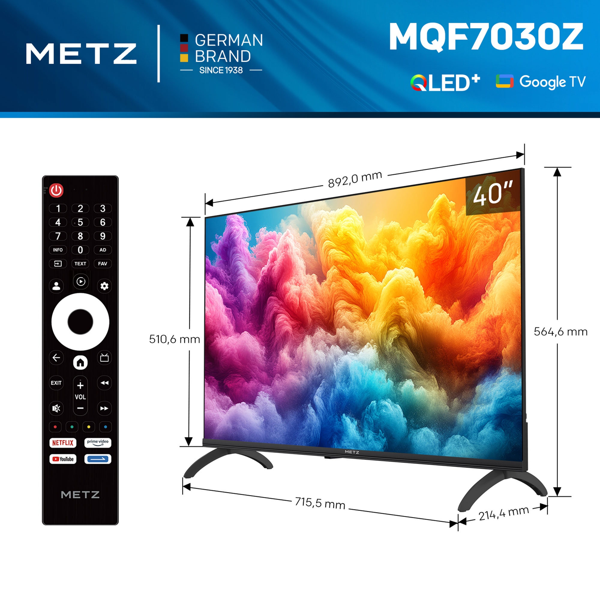 TV QLED Metz MQF7030Z da 40 pollici con dimensioni, schermo astratto colorato e telecomando.