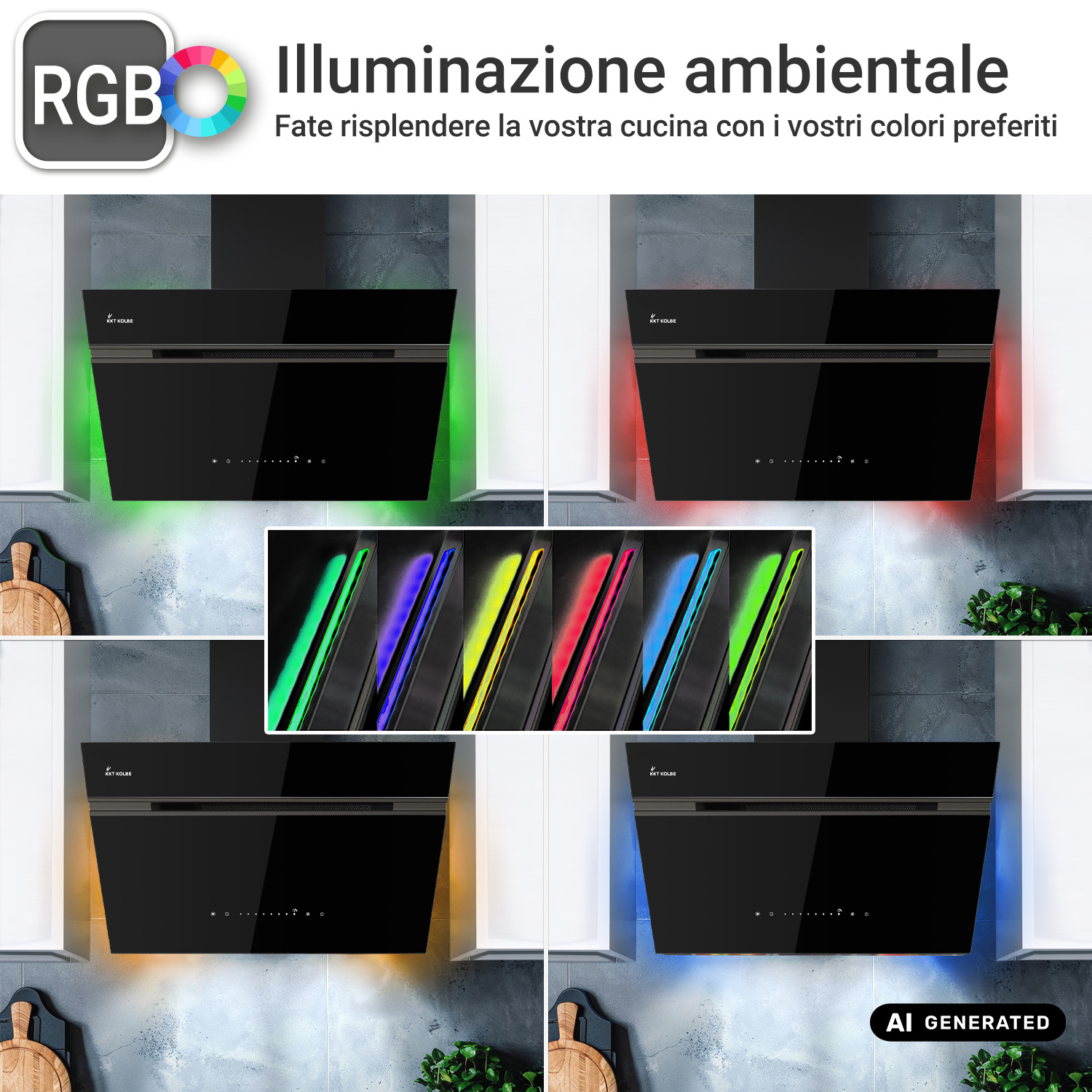 Cappa da cucina nera con illuminazione ambientale RGB regolabile in una cucina moderna.