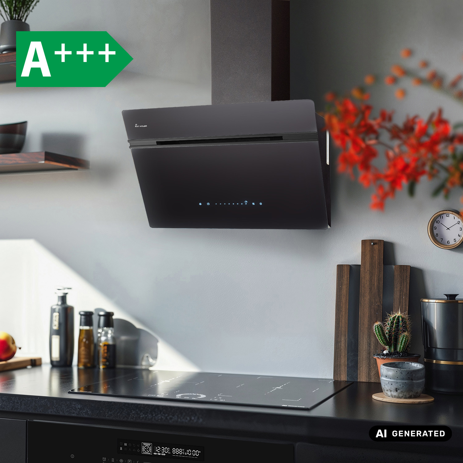 Moderna cappa aspirante nera sopra un piano cottura in una cucina grigia con etichetta A+++.