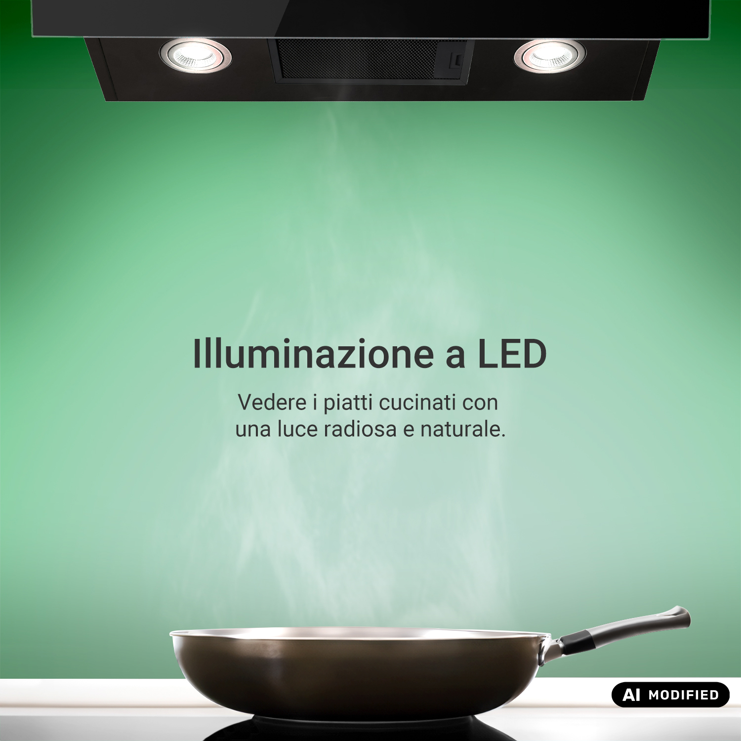 Una padella con vapore sotto una cappa da cucina con luci LED accese su sfondo verde.