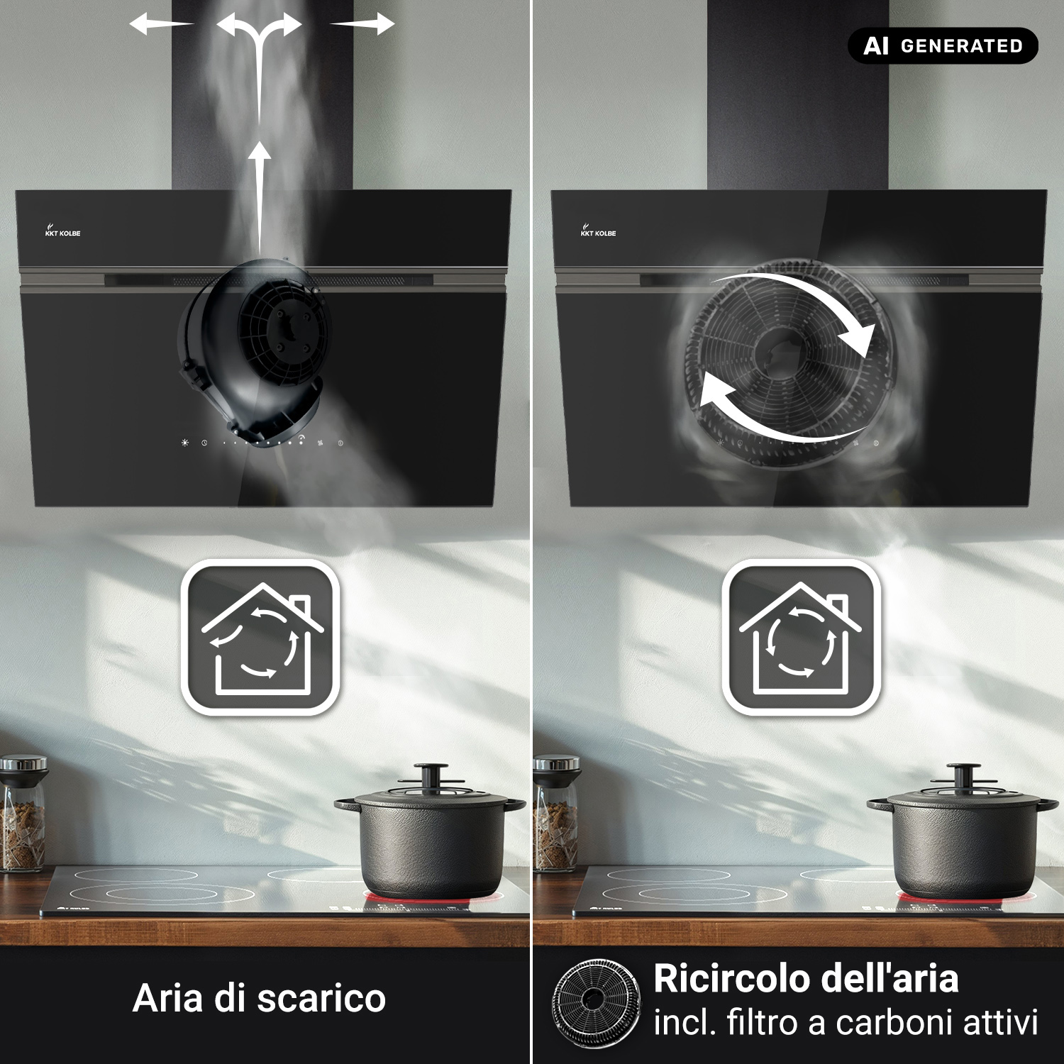 Confronto tra due modalità di cappa aspirante: aspirazione e ricircolo sopra un piano cottura con pentola.