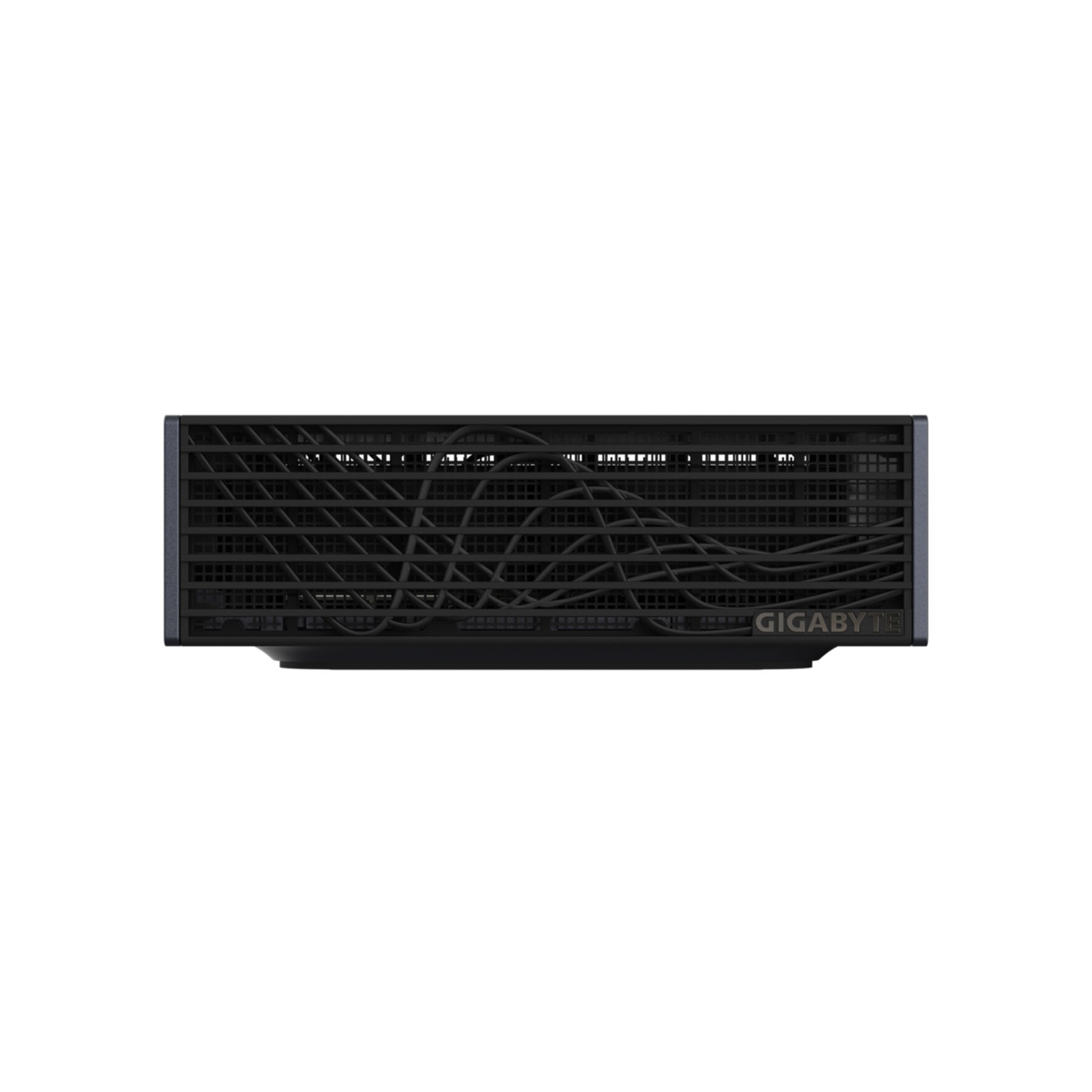 Une carte graphique Gigabyte noire avec grille texturée à motifs sur fond blanc.