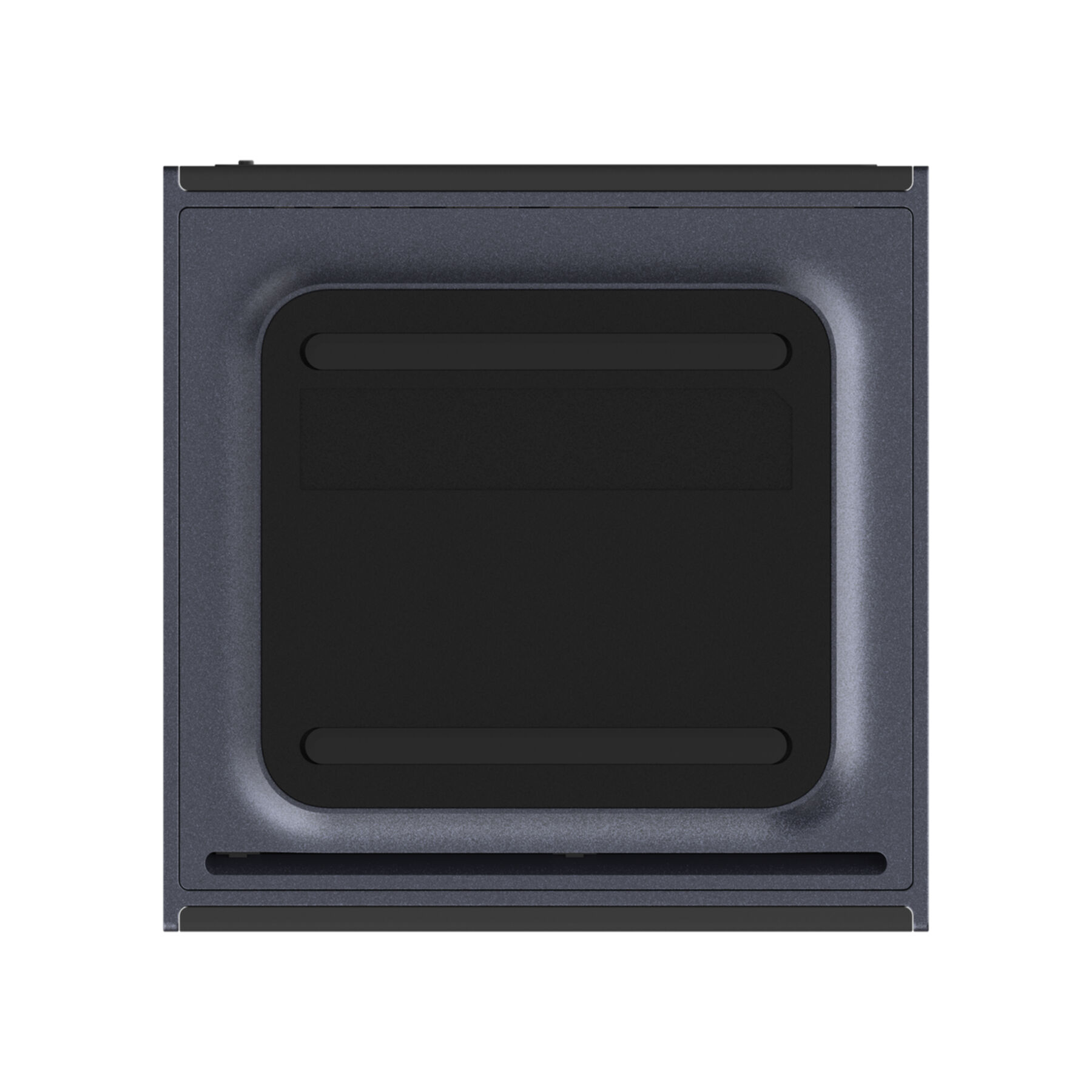Appareil électronique carré gris avec un grand panneau central noir et une fente en bas.