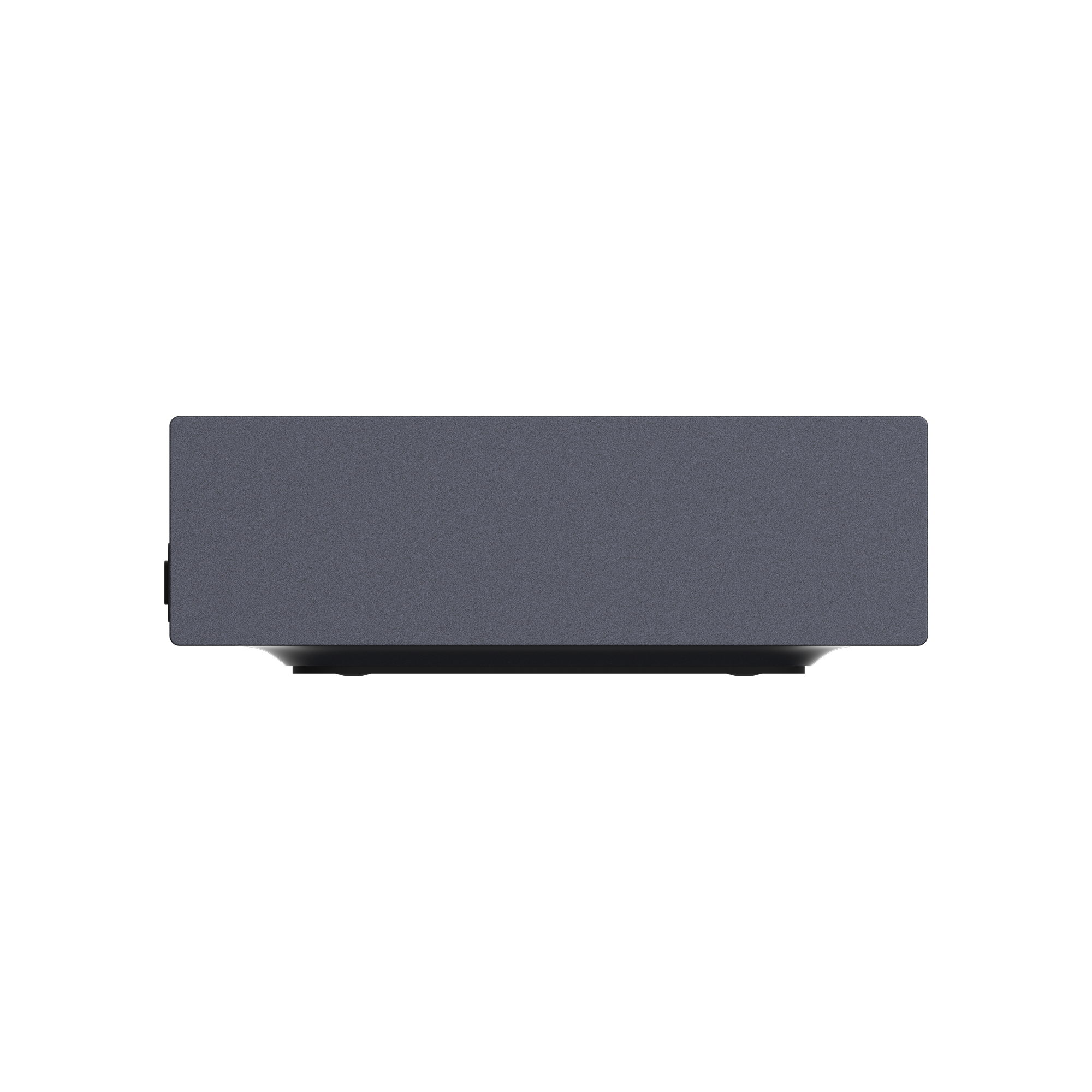 Un appareil électronique rectangulaire gris sur une surface blanche.
