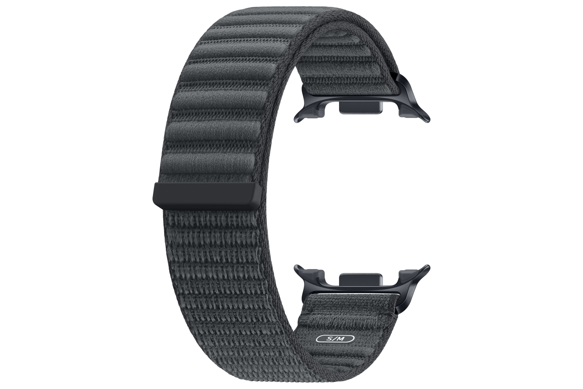 Correa de bucle para Apple Watch gris oscuro sobre fondo negro.