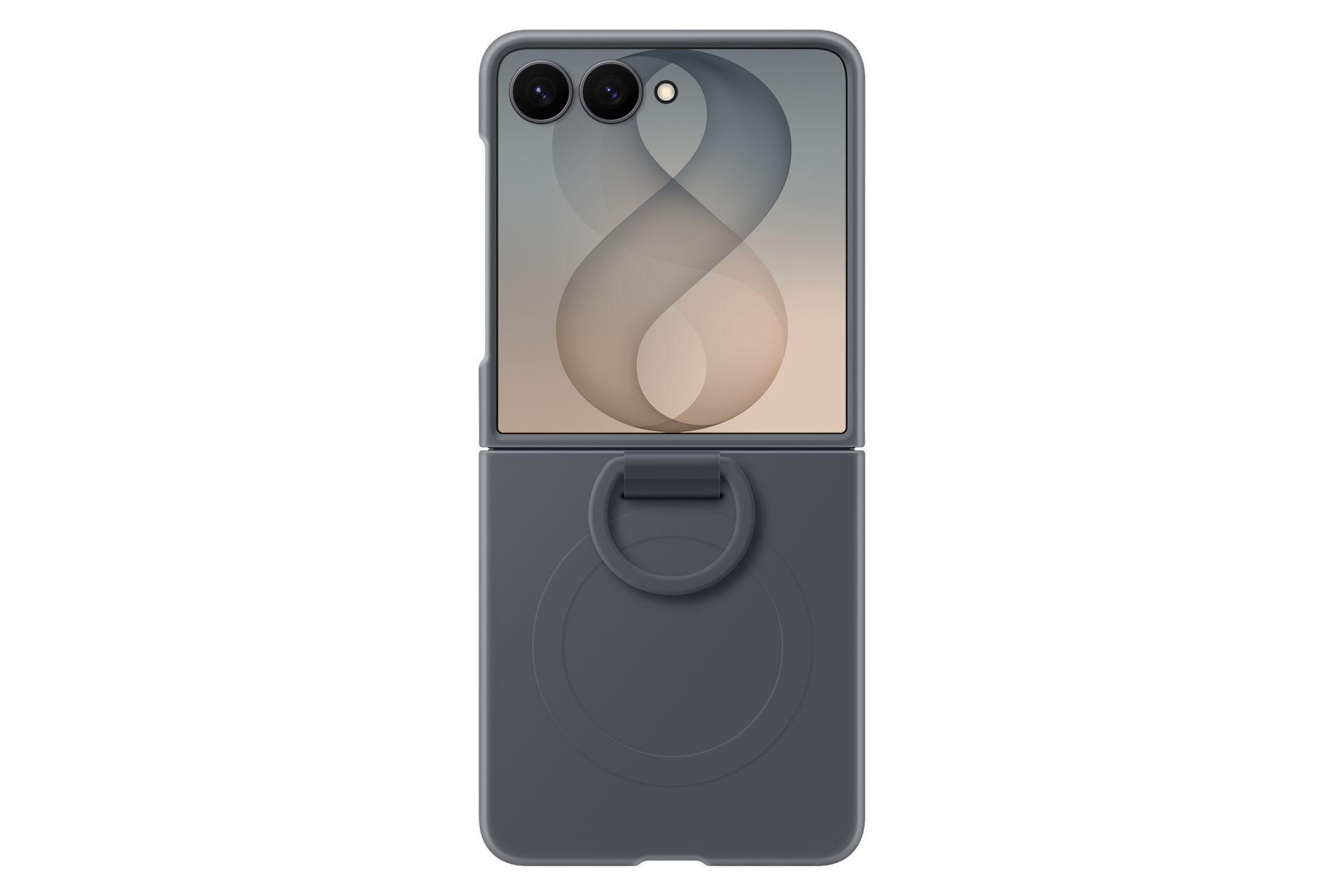 Telefono pieghevole grigio da dietro con custodia protettiva e supporto ad anello su sfondo nero.
