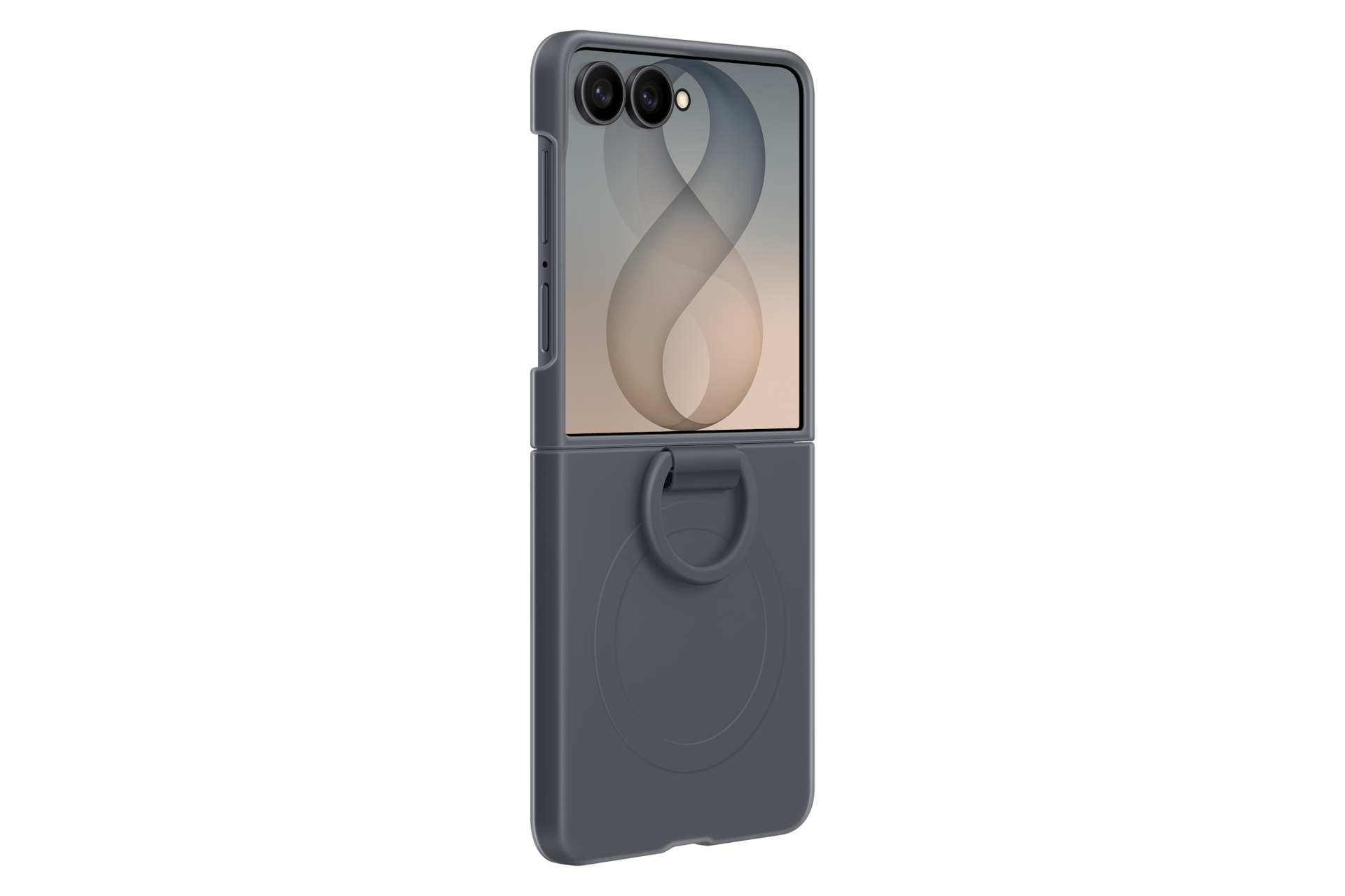 Smartphone pieghevole in custodia grigio scuro con supporto ad anello sul retro, su sfondo nero.