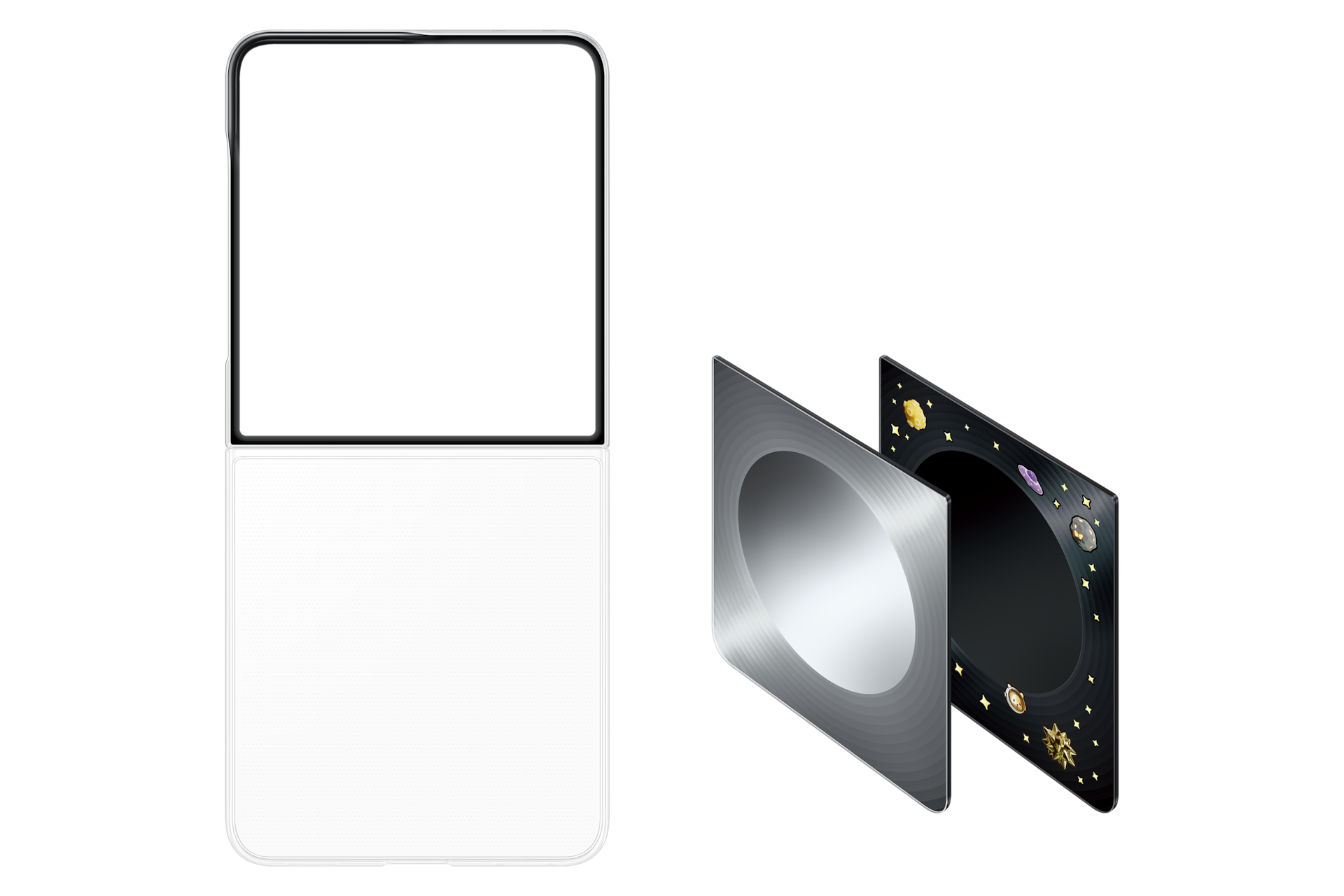 Un teléfono plegable blanco a la izquierda y dos placas de cubierta cuadradas separadas con diseños espaciales a la derecha.