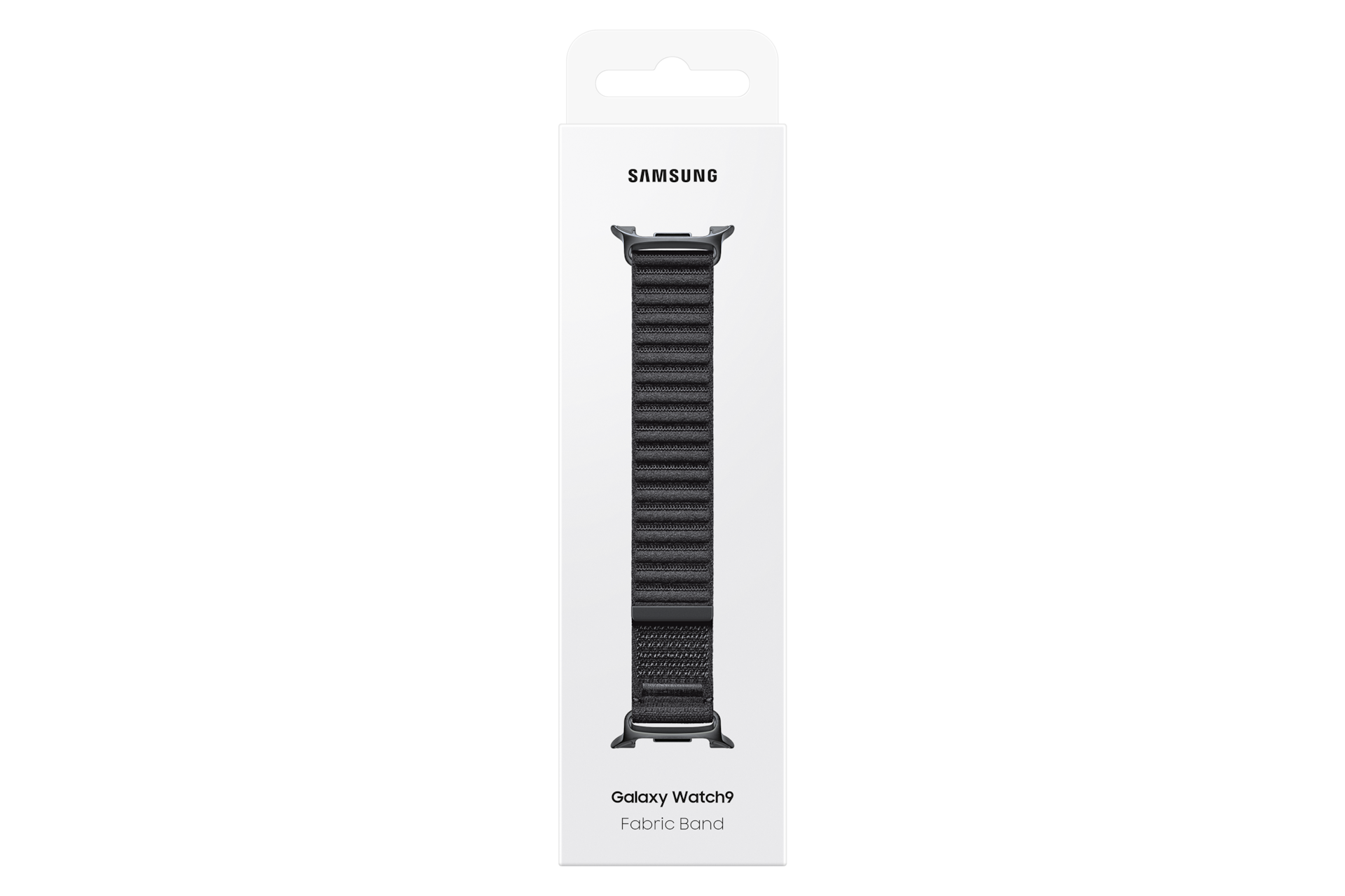 Una caja de embalaje blanca para una correa de tela negra Samsung Galaxy Watch9.
