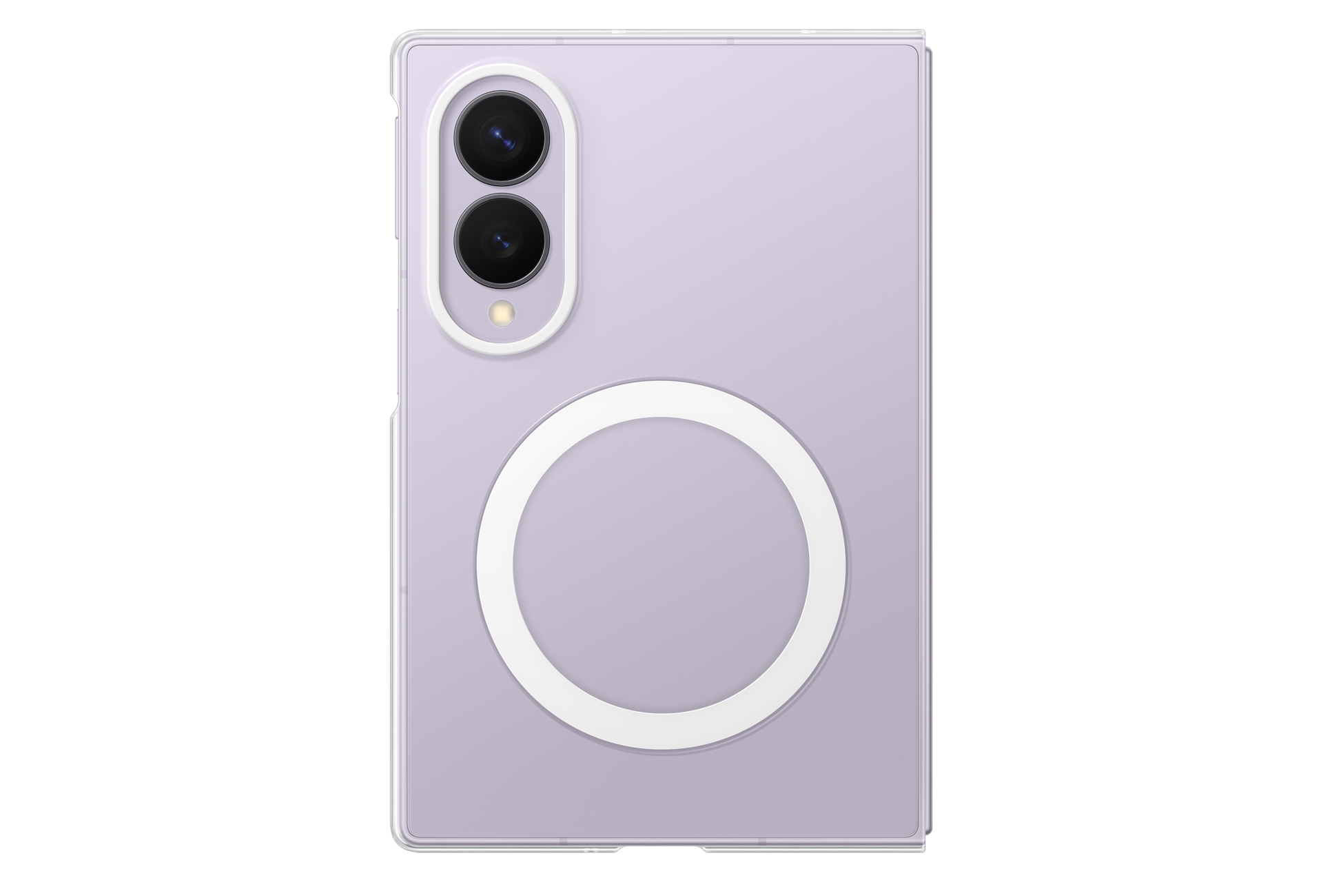 Retro di uno smartphone viola chiaro in una custodia protettiva con due fotocamere e un cerchio bianco.