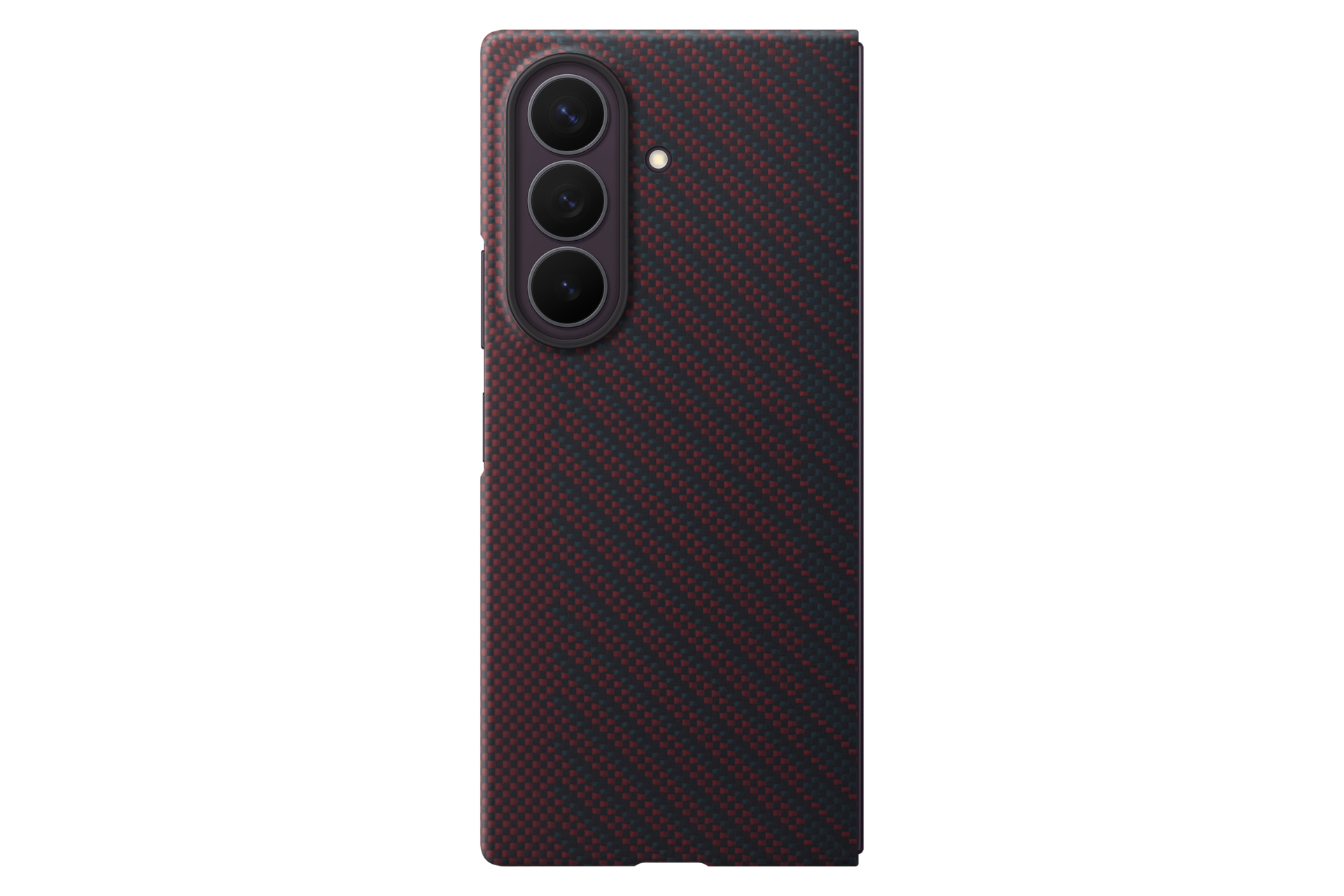 Back of a smartphone with red carbon fiber pattern and a vertical triple camera module on a black background.
