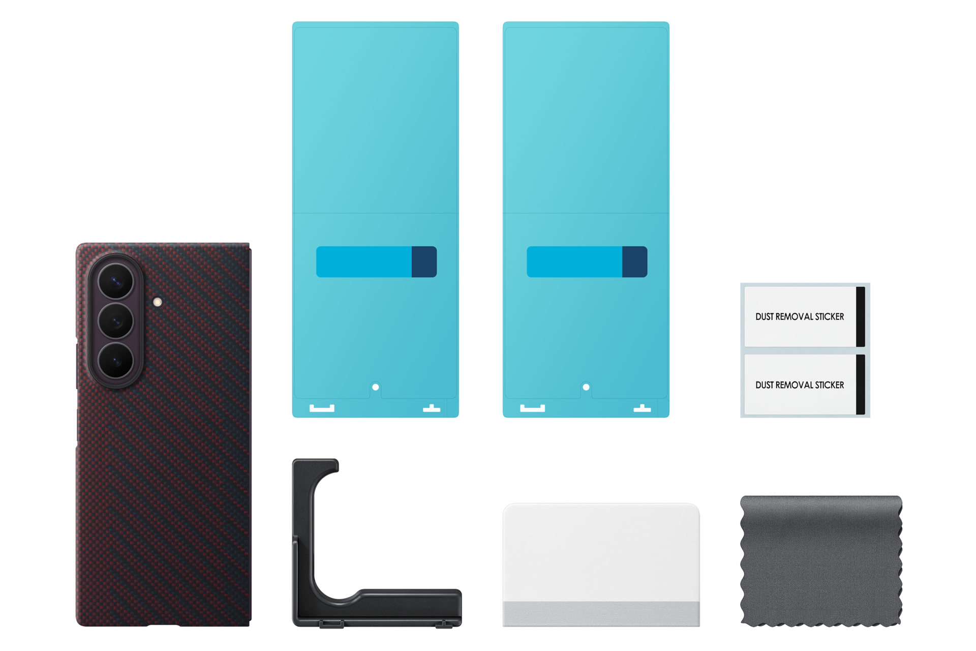 Red and black carbon texture smartphone, two blue screen protectors, stand, dust stickers, and microfiber cloth.