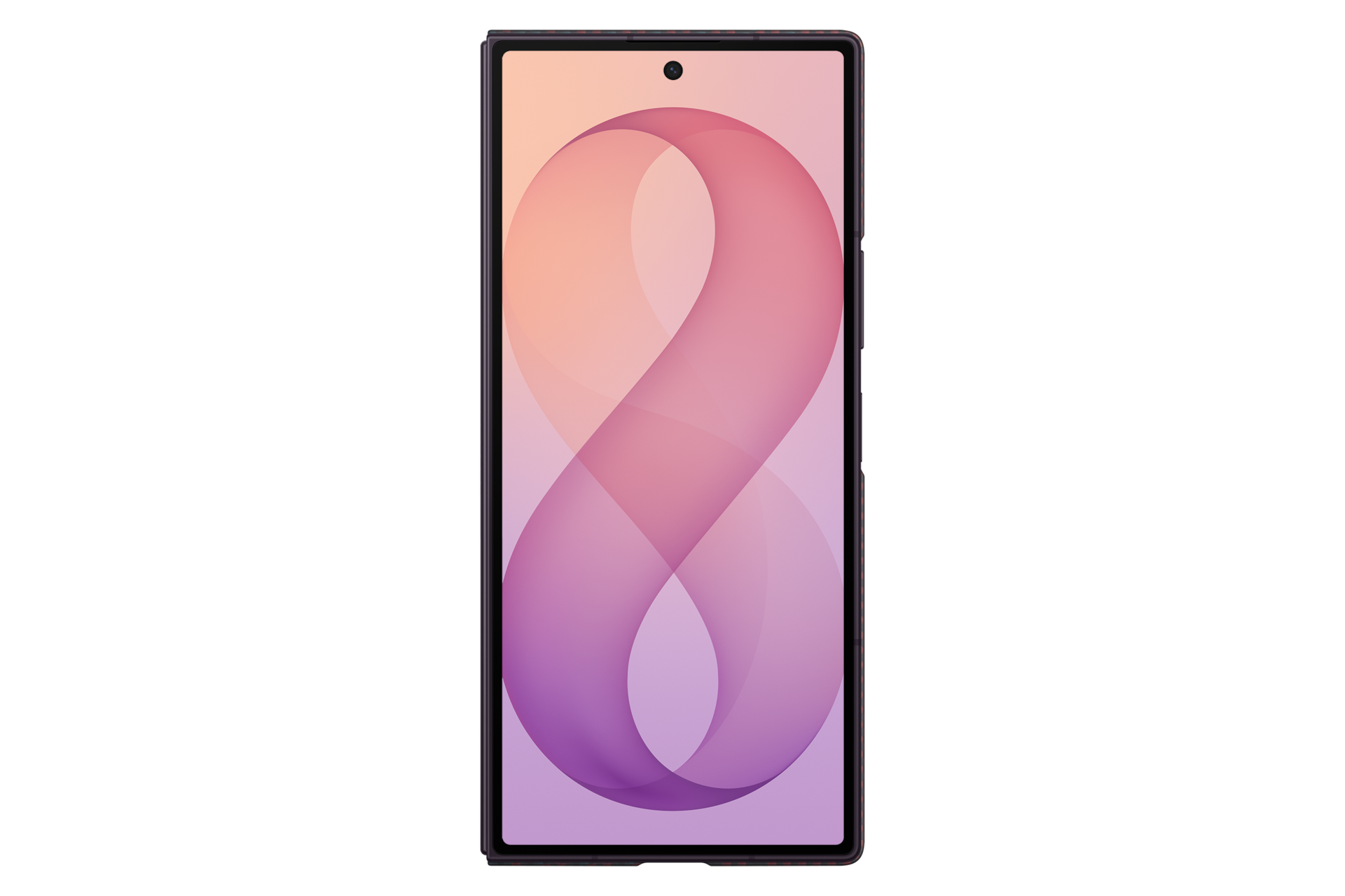 A smartphone with a gradient, loop-like background on the screen against a solid black background.
