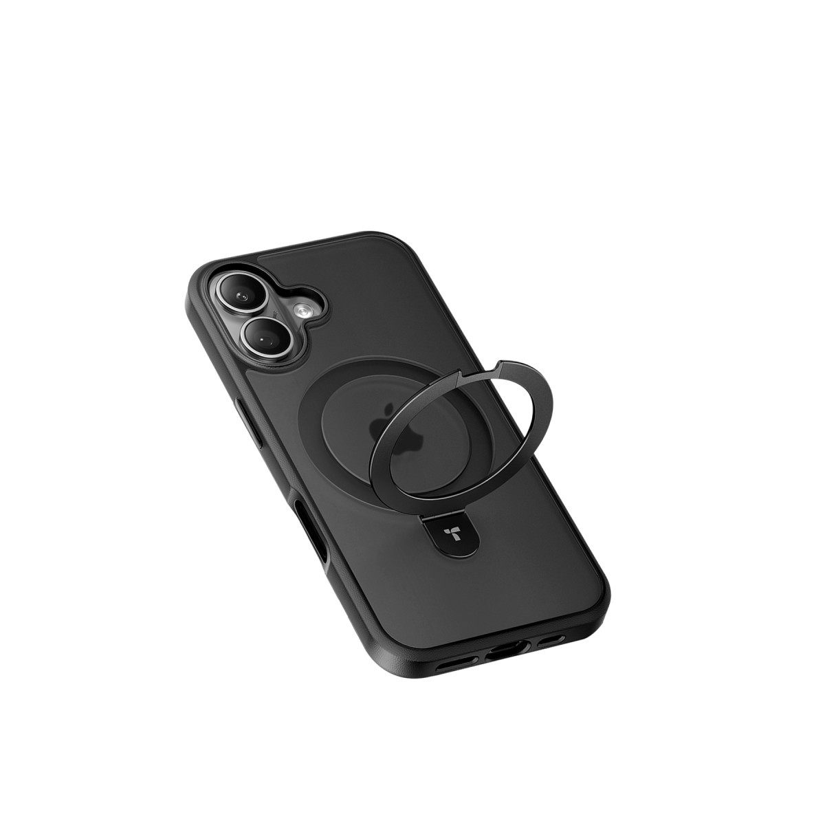 Düz beyaz bir arka planda yerleşik manyetik halka standlı kılıf içinde siyah akıllı telefon.