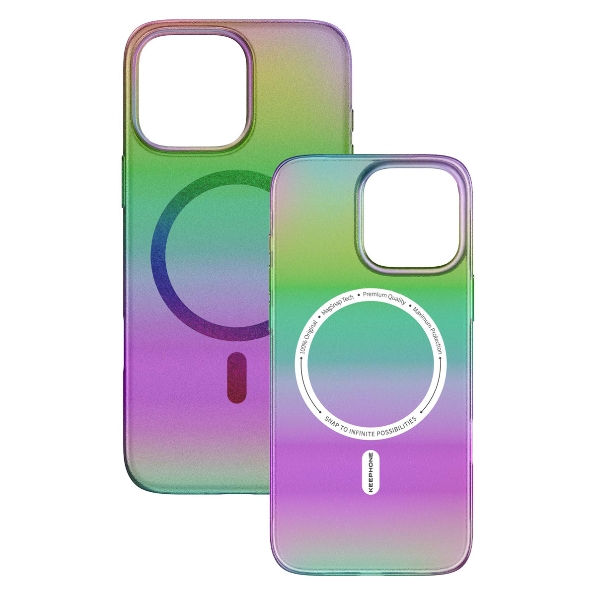 Beyaz arka planda manyetik halkalı iki gökkuşağı renkli, pırıltılı iPhone kılıfı.