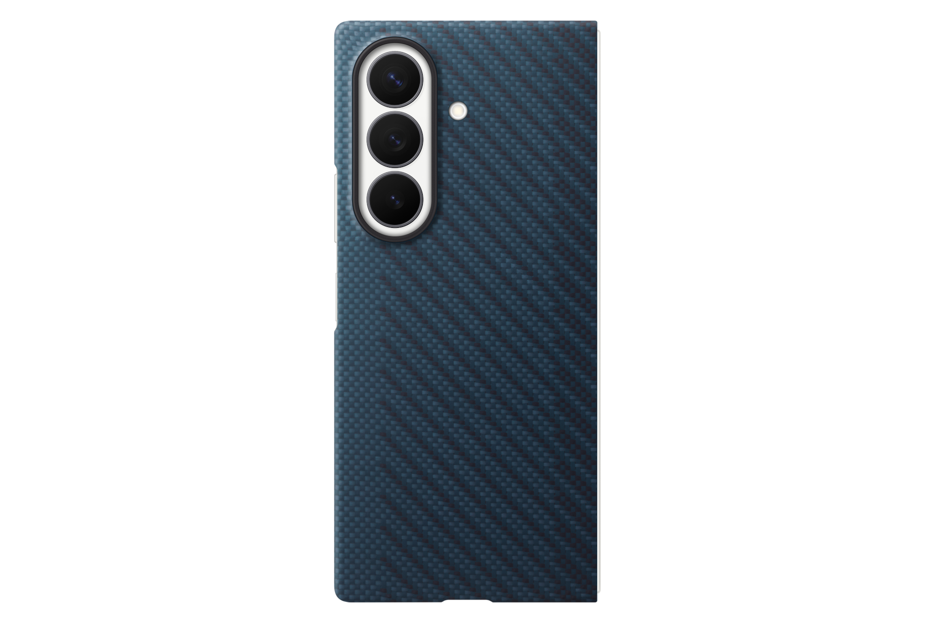 Back of a blue smartphone with carbon pattern and three vertically aligned camera lenses against a black background.