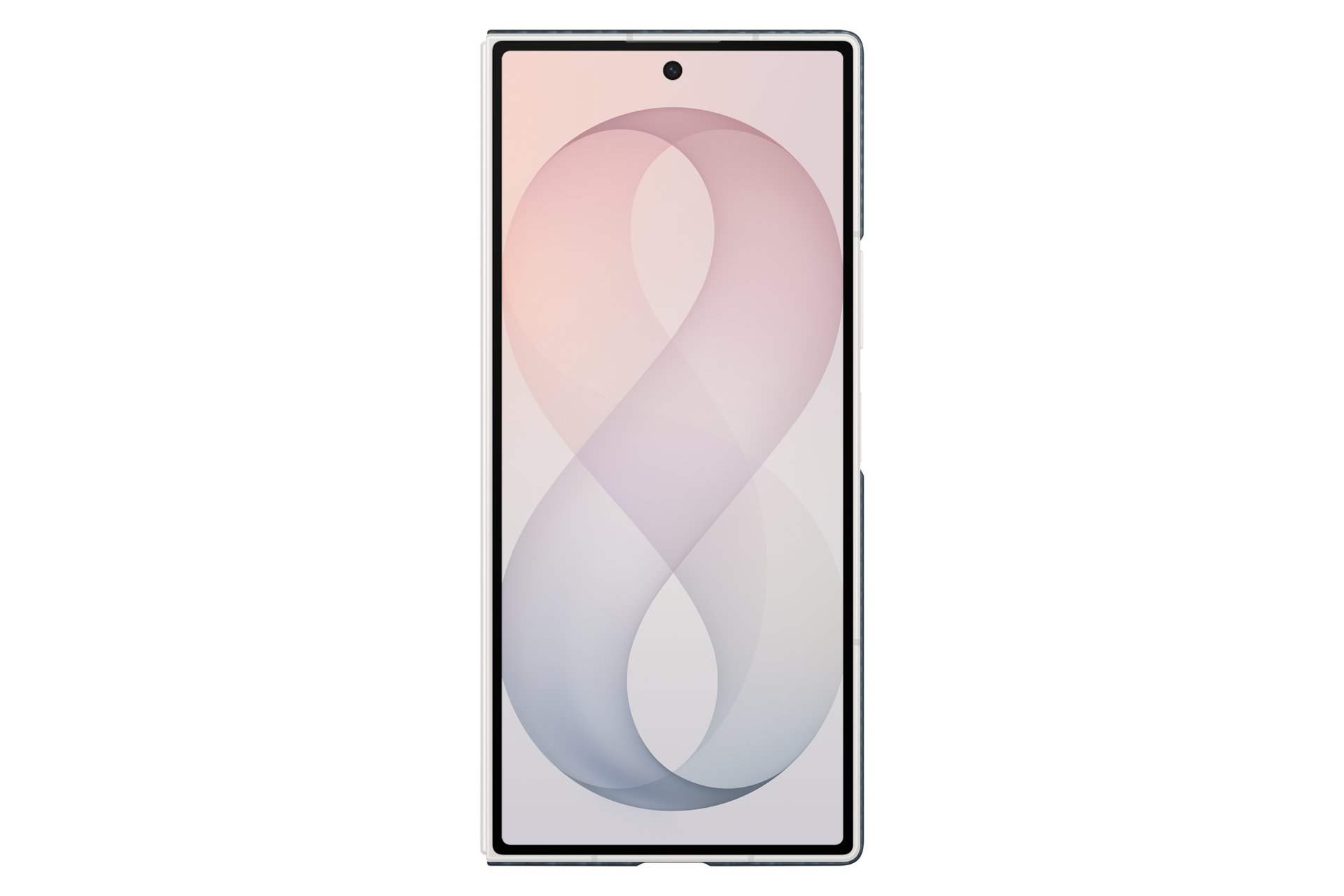 A smartphone with a white frame and bright screen displaying an abstract pink and grey infinity pattern.