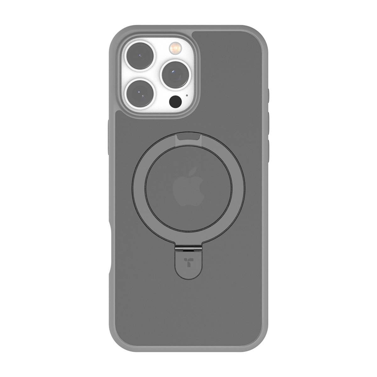 Arkasında dairesel manyetik halka ve stant bulunan koruyucu kılıflı gri akıllı telefon, beyaz arka plan.