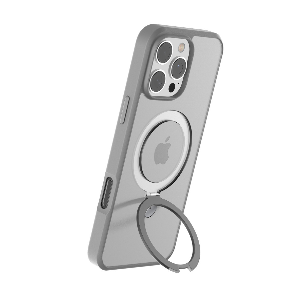 MagSafe halkasına ve arkasında yuvarlak metal standa sahip, iPhone üzerinde gri bir telefon kılıfı.