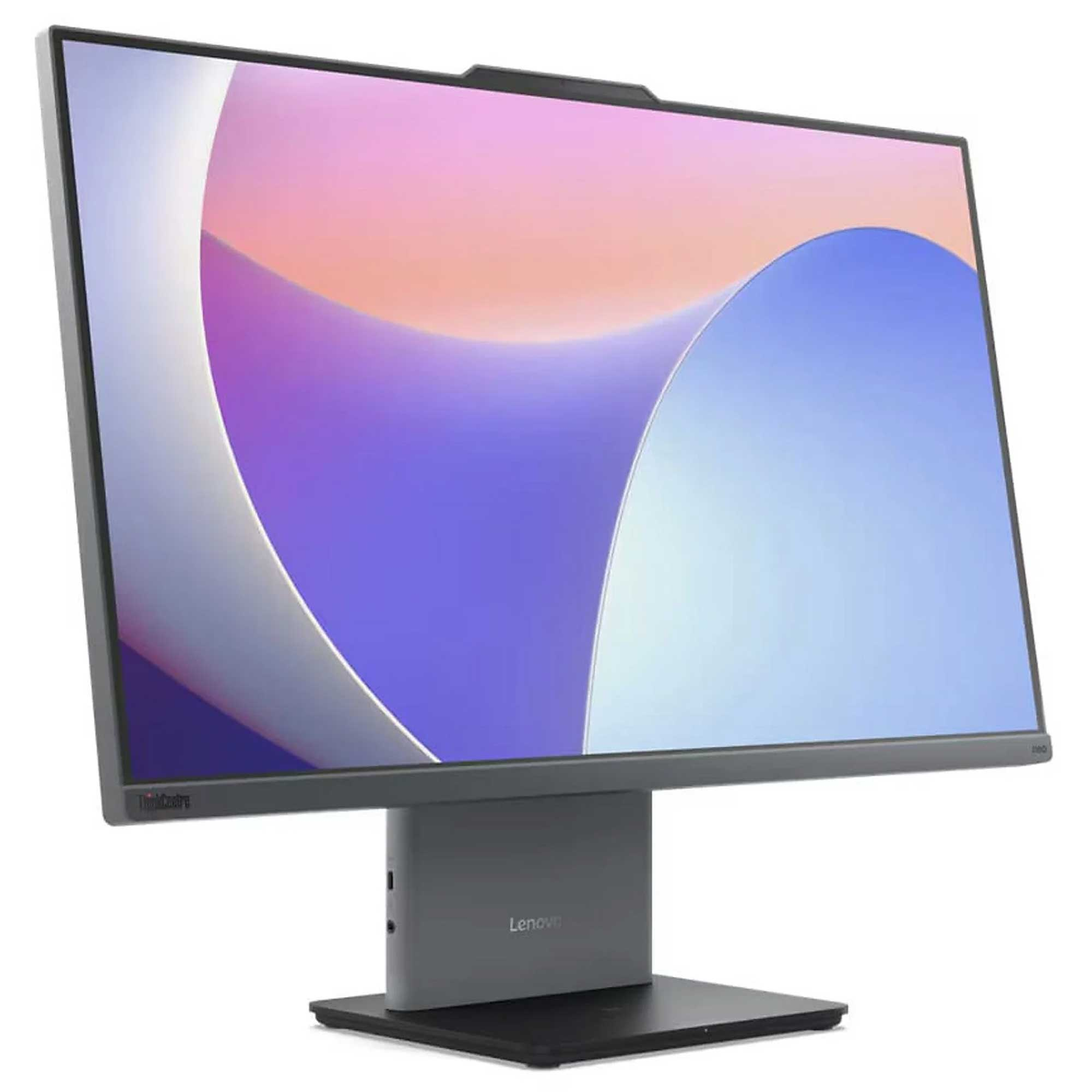 İnce çerçeveli ve ekranında soyut renkli bir arka plan resmi olan bir Lenovo monitör, izole edilmiş.
