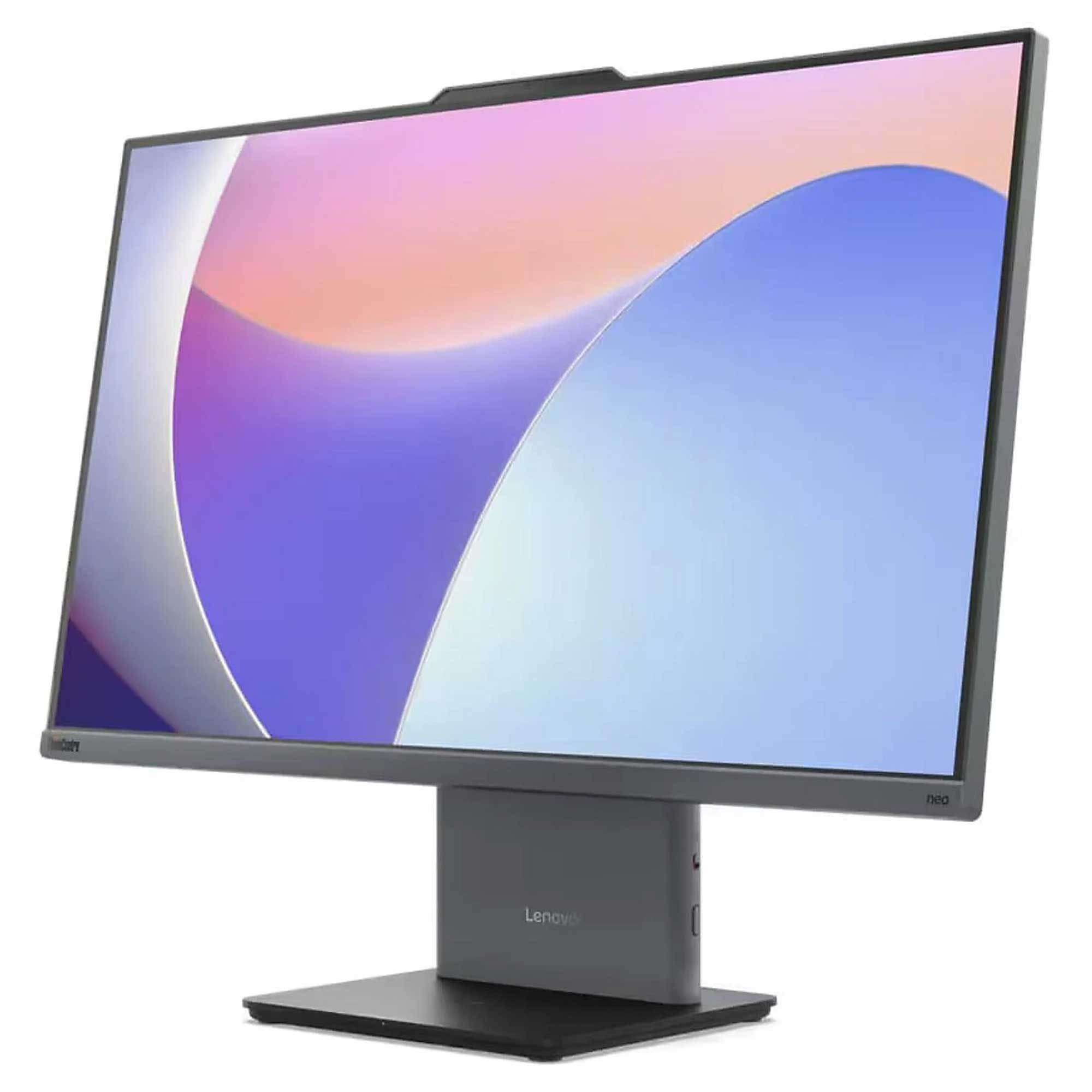 Gri ayaklı bir Lenovo monitör renkli, soyut bir arka plan gösteriyor.