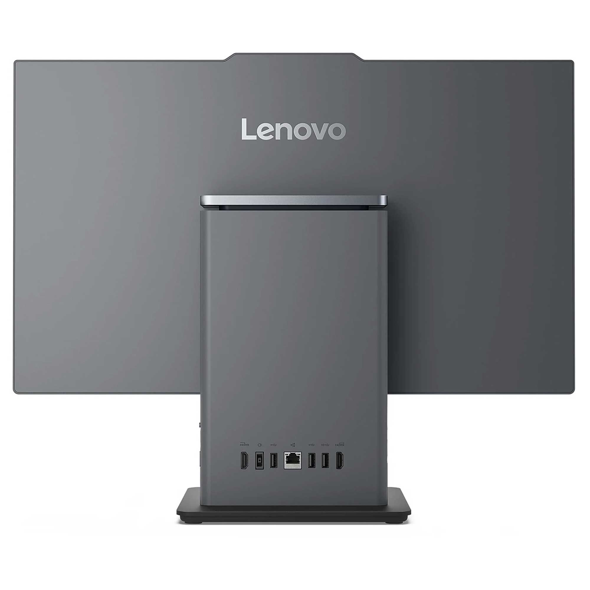 Entegre dock'a ve çeşitli bağlantı noktalarına sahip gri bir Lenovo monitörün arkası.