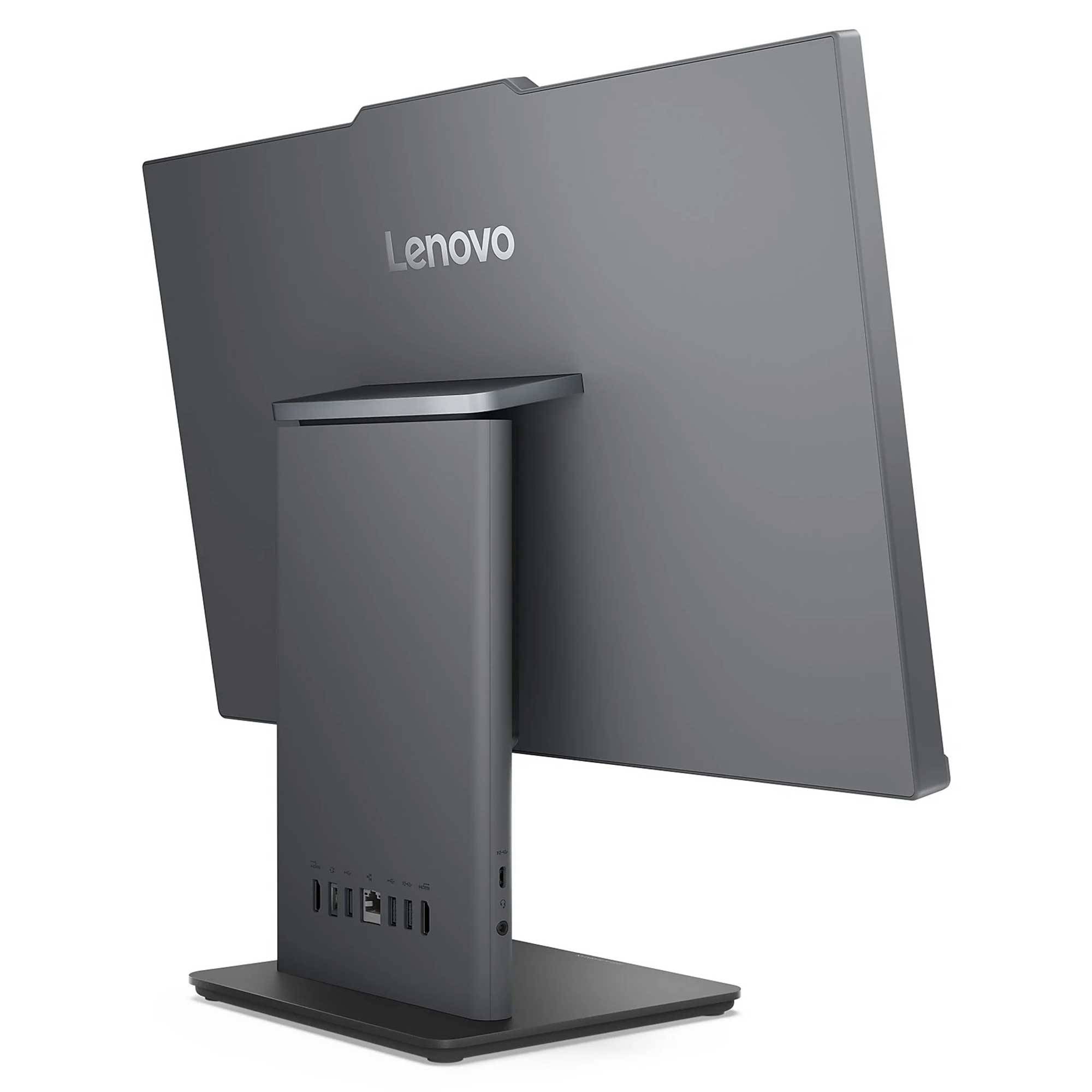 Beyaz arka planda birden fazla bağlantı noktasına ve düz tabana sahip entegre stantlı koyu gri Lenovo monitörün arka görünümü.
