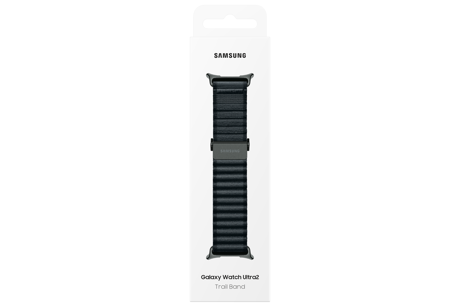 Una correa Samsung Galaxy Watch Ultra2 Trail en negro, en su empaque original sobre un fondo negro.