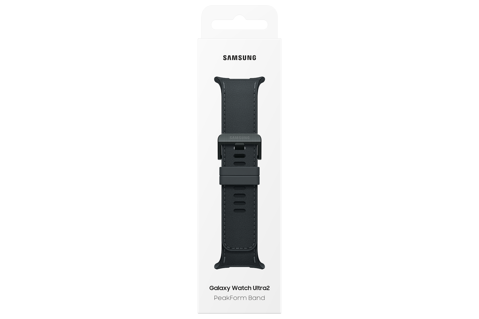 Un cinturino nero Samsung Galaxy Watch Ultra2 PeakForm nella confezione bianca.