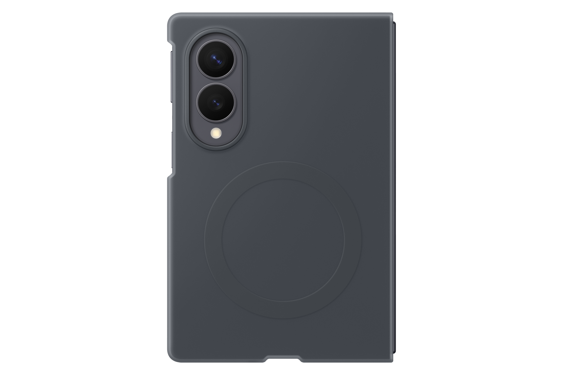 Custodia per smartphone grigio scuro con due fotocamere verticali e un elemento circolare sul retro.