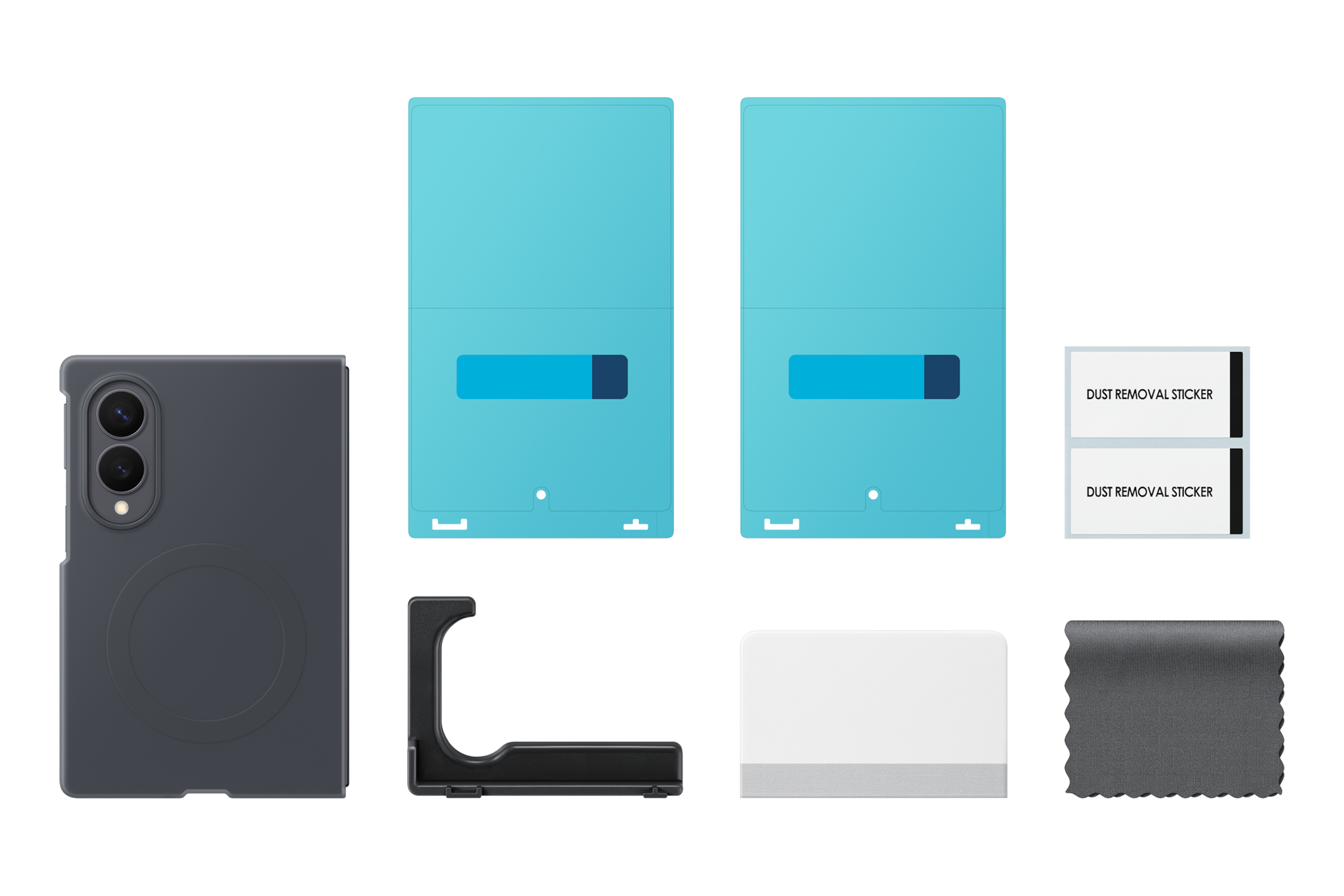 Kit protezione schermo con pellicole blu, cover, strumento di allineamento, adesivi e panno in microfibra.